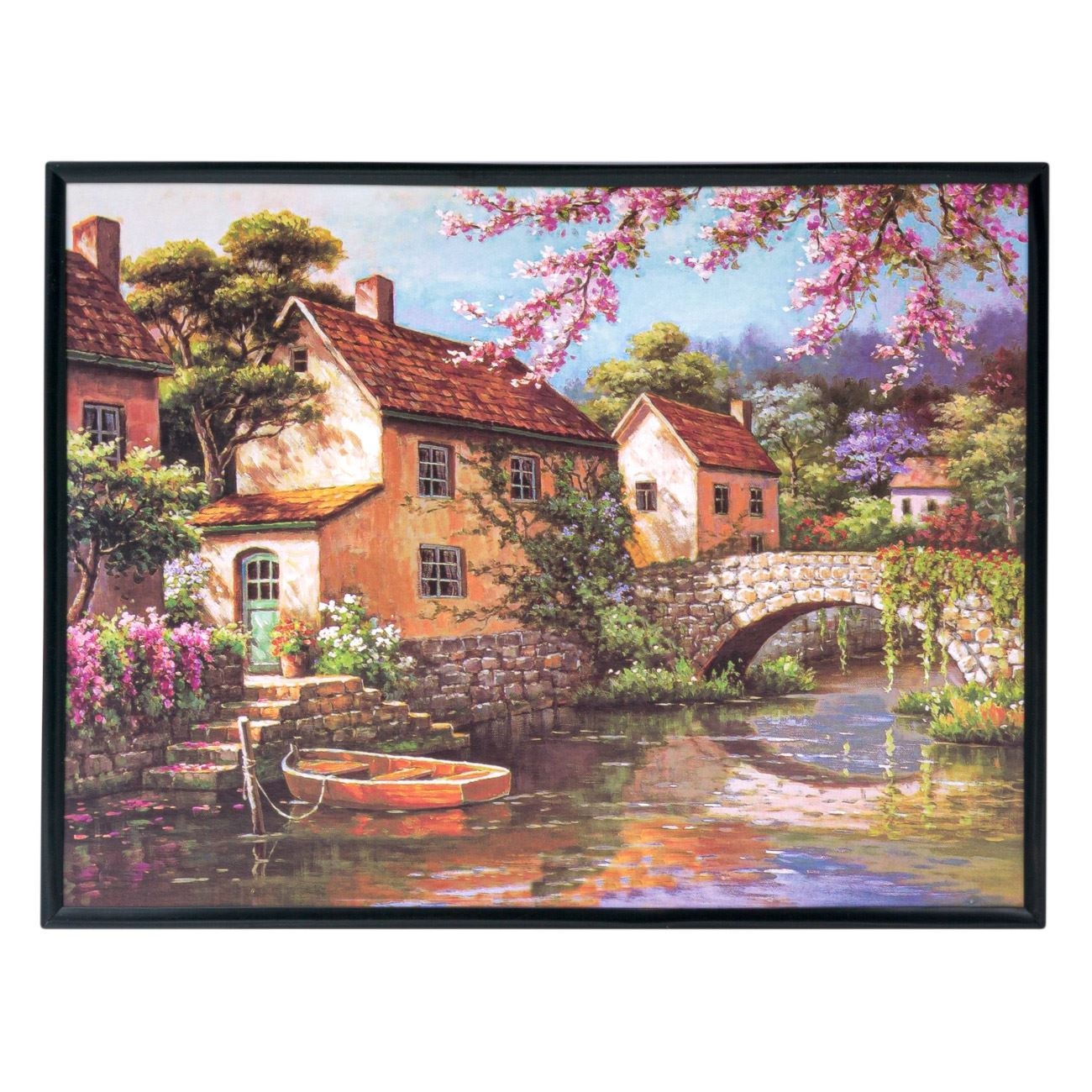 Tablou decorativ - Casa pe rau cu pod (22x29cm) Tablou decorativ - Casa pe rau cu pod (22x29cm)