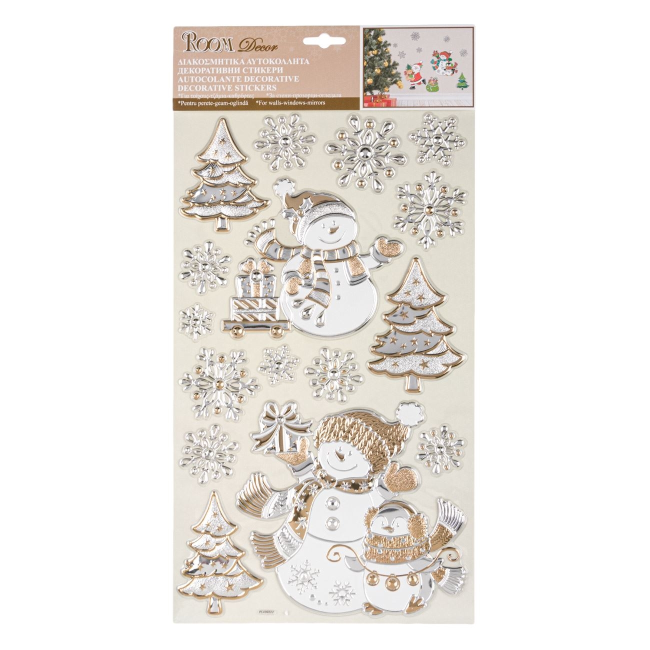 Autocolant decorativ 3D de Crăciun - Oameni de zapada, fulgi, brazi Autocolant decorativ 3D de Crăciun - Oameni de zapada, fulgi, brazi