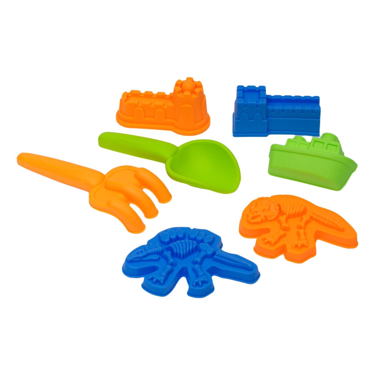 Set jucarii pentru nisip - Forme ziduri,oase dinozauri, vapor + lopatica si grebla Set jucarii pentru nisip - Forme ziduri,oase dinozauri, vapor + lopatica si grebla