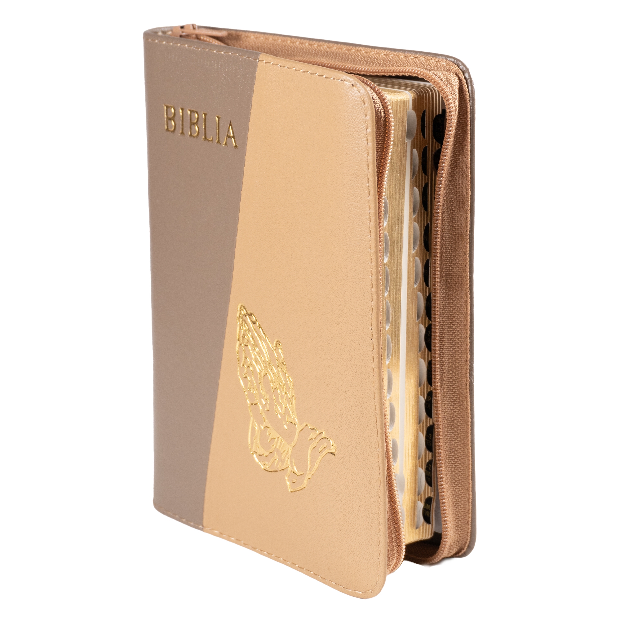 Biblia mica, coperta piele, culoare, maro cu crem închis, index, fermoar, margini aurii,  simbolul maini, cuv. lui Isus in rosu [047 PFI]