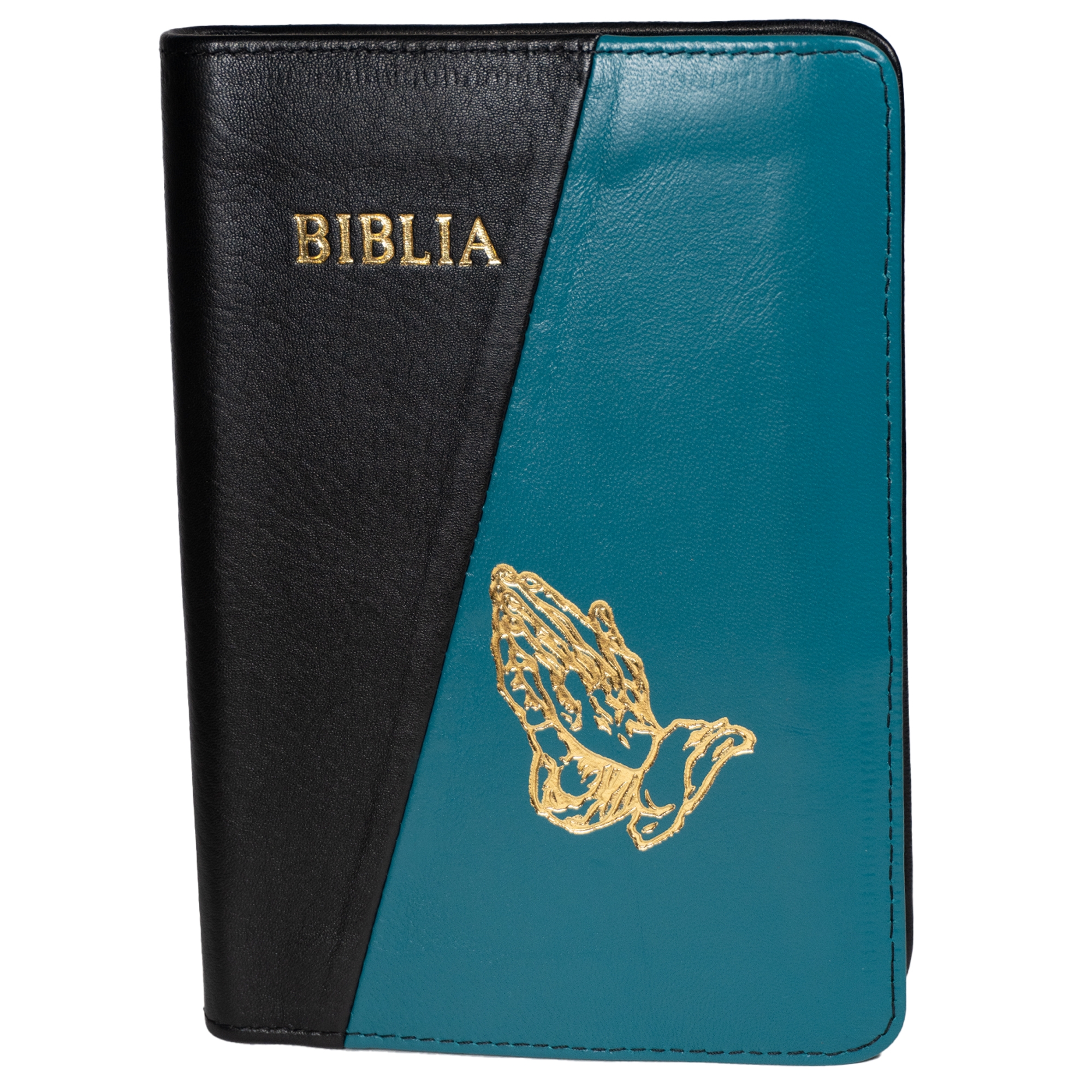 Biblie din piele, marime medie, culoare, negru cu verde turcoaz,  fermoar, margini albe, simbol maini in rugaciune, cuv. lui Isus cu rosu [053]