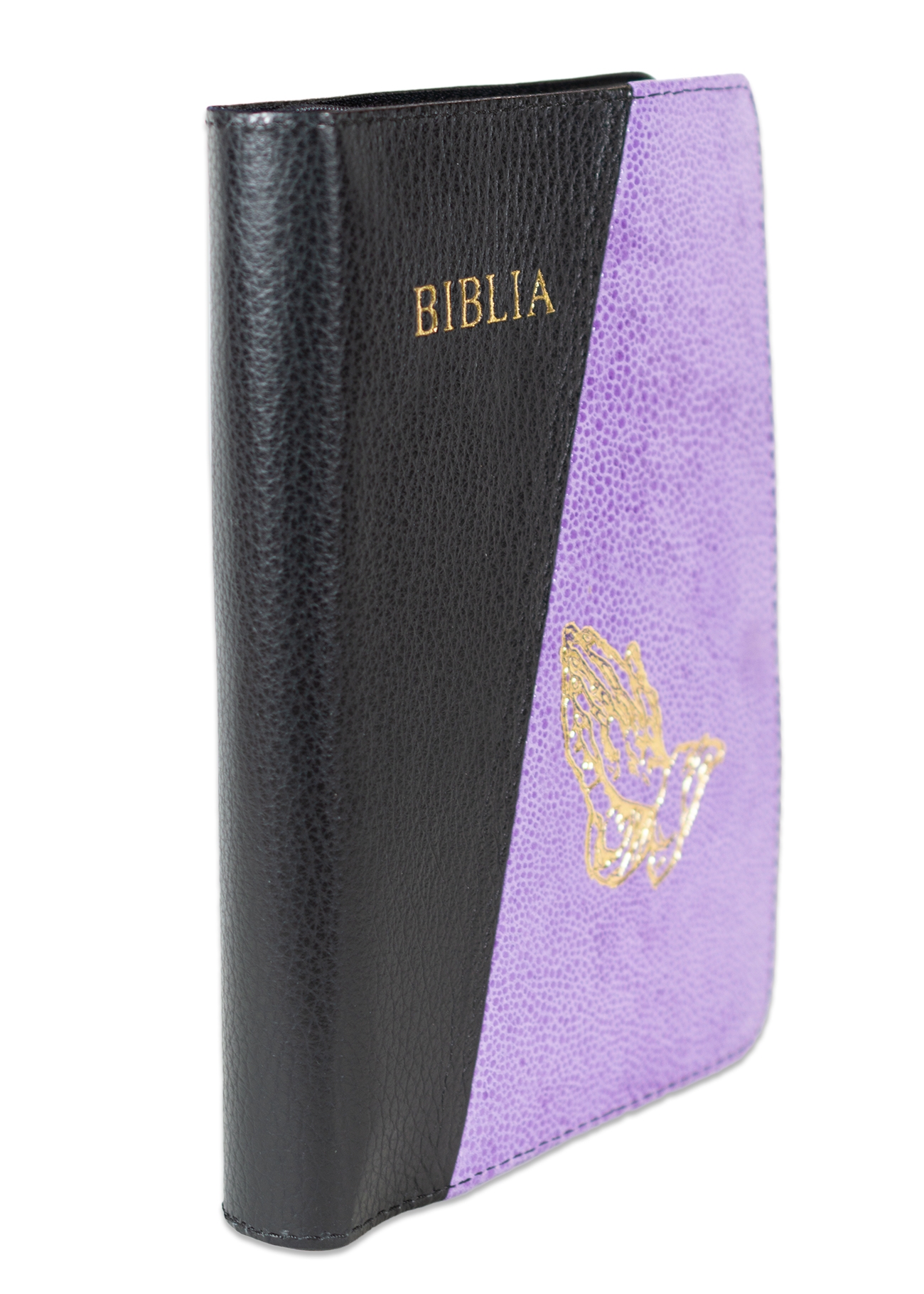 Biblie din piele, marime medie, culoare negru cu mov , simbol maini in rugaciune, fermoar, index, margini aurii, cuv. lui Isus cu rosu [SB 057 PFI]