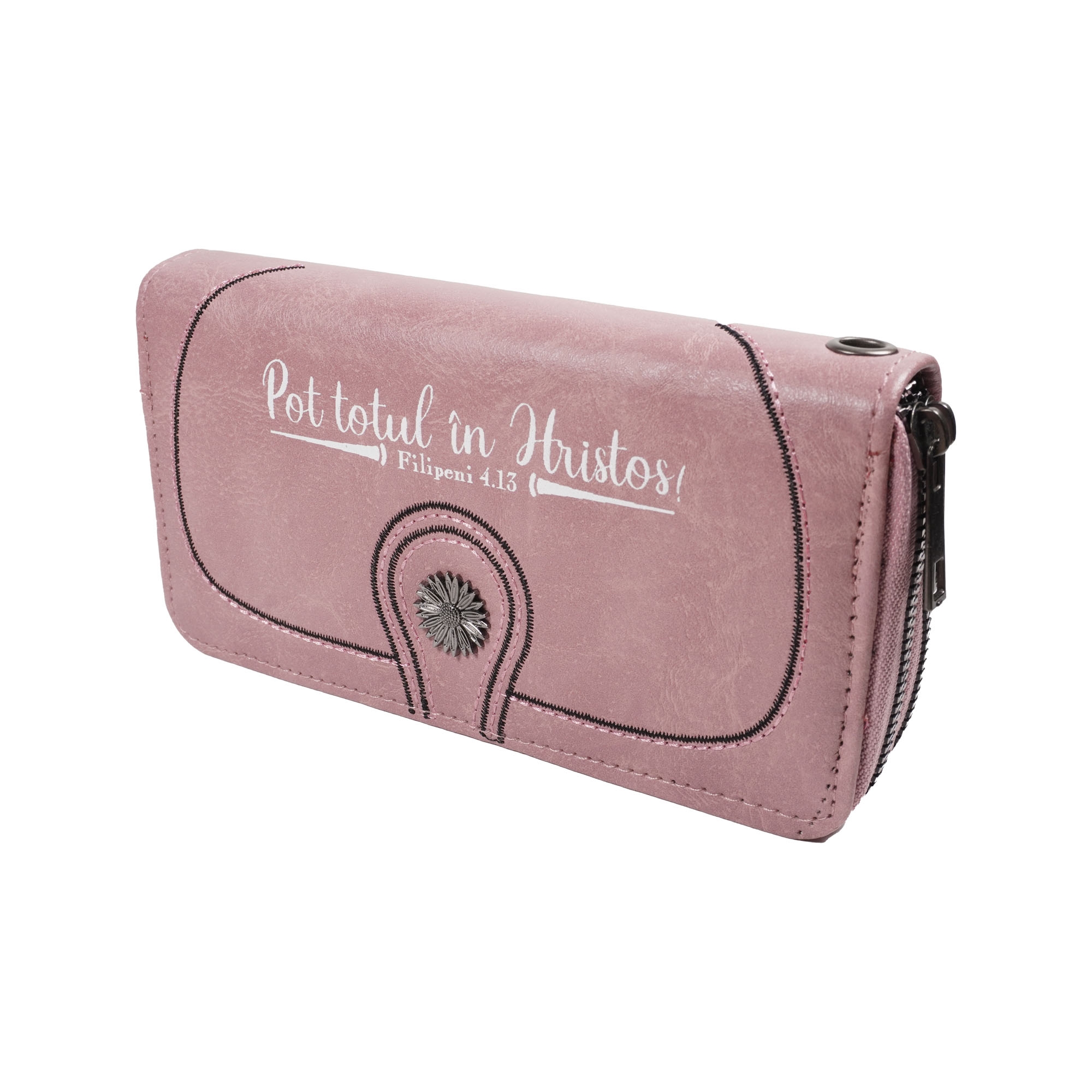Portofel damă, 2 fermoare, roz pal, cu imprimeu "Pot totul în Hristos!" Portofel damă, 2 fermoare, roz pal, cu imprimeu "Pot totul în Hristos!"