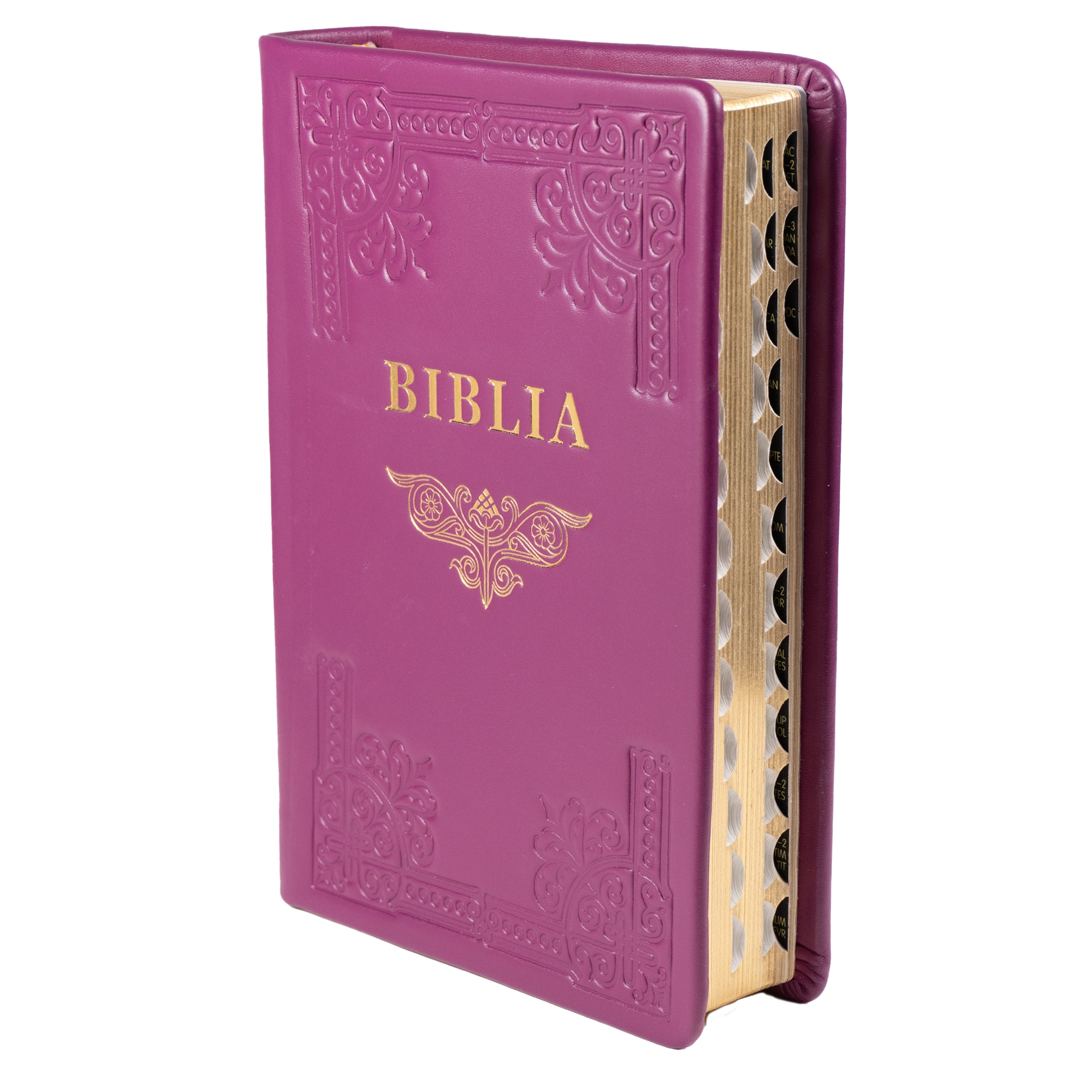 Biblia din piele, handmade, marime medie, culoare roz magenta  inchis , margini aurii cu index, cuv. lui Isus cu rosu [057 HM]