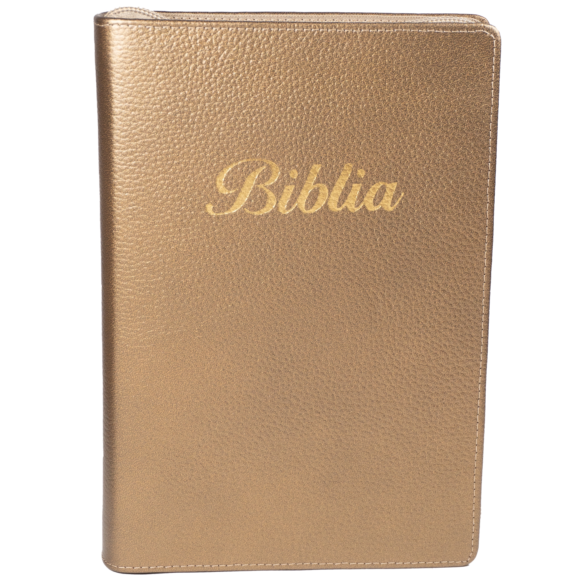 Biblia marime medie, bronz sidefat, piele, fermoar, margini aurii, index, cuv. lui Isus cu rosu [MAR 057 PFI]