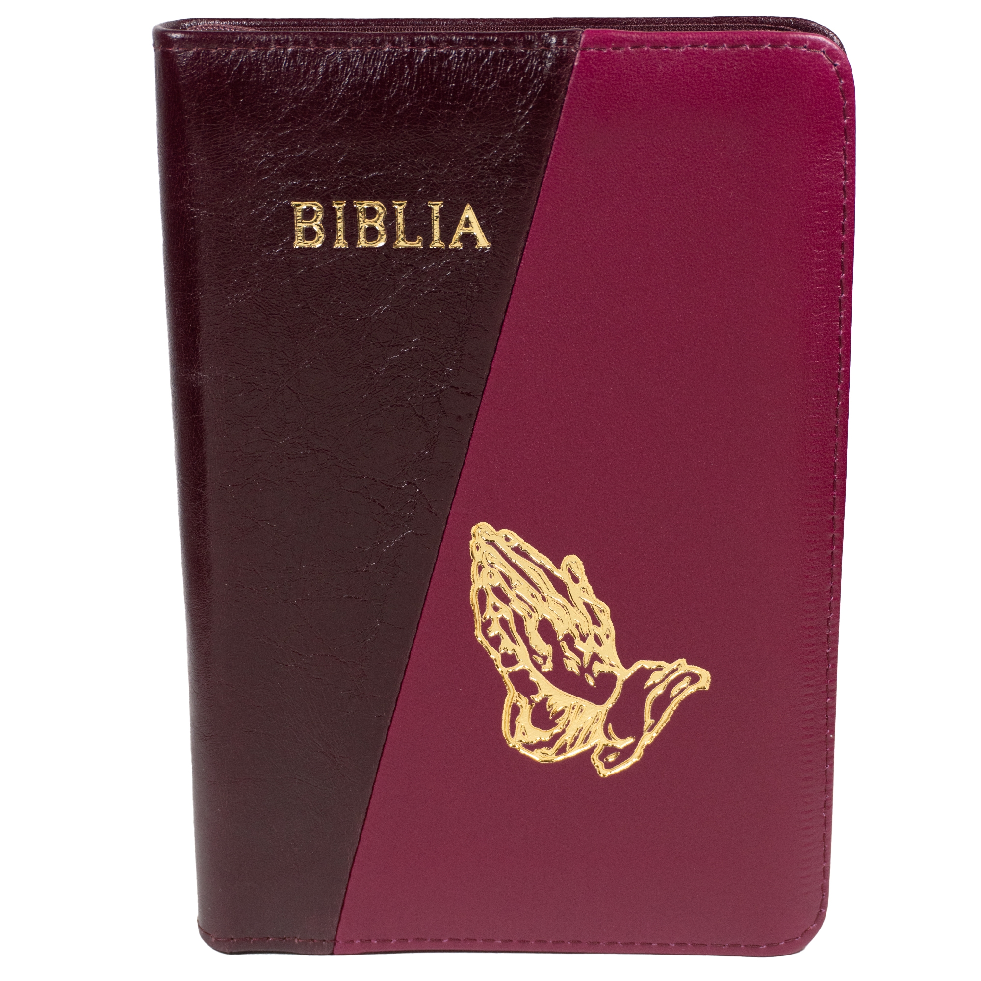 Biblie din piele, marime medie, culoare, vișiniu cu roz magenta, simbol maini in rugaciune, fermoar, index, margini aurii, cuv. lui Isus cu rosu [SB 057 PFI]