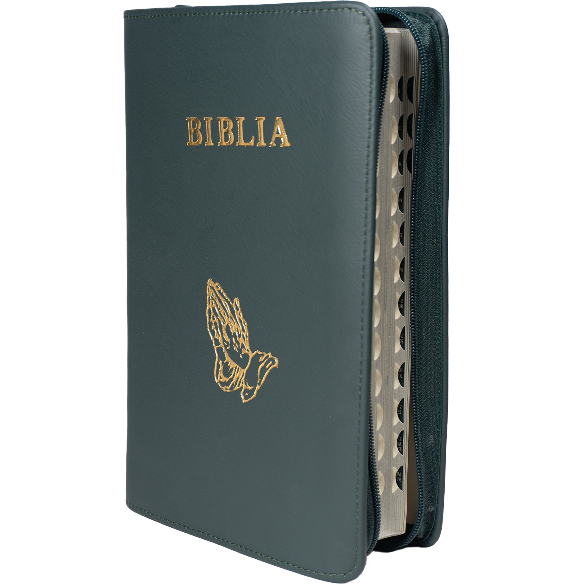 Biblie mare, piele, culoare verde, fermoar, index, margini argintii, simbol mâini în rugăciune, cuv. Isus cu rosu [SI 073 PFI]
