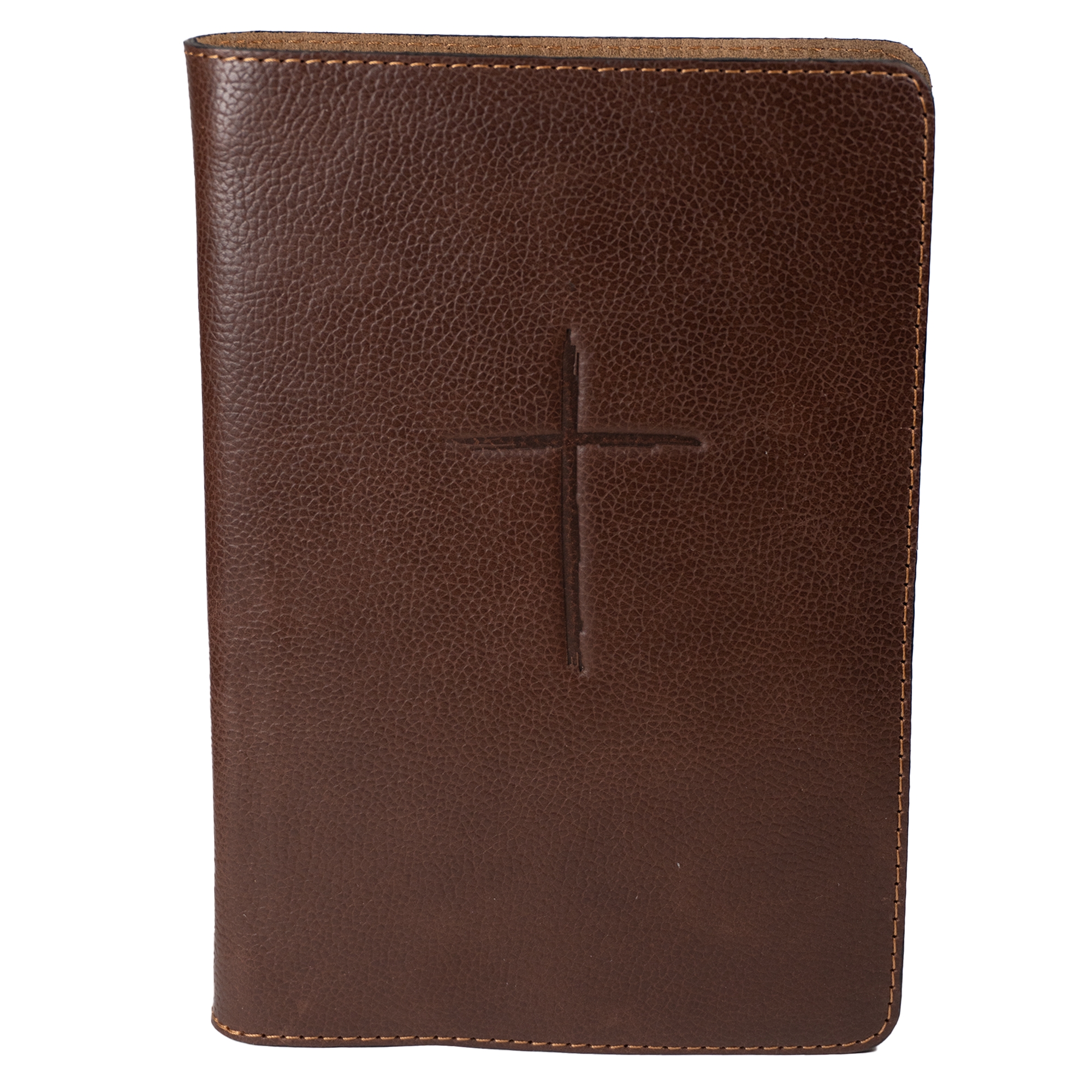 Biblie din piele handmade, marime medie, maro, simbol cruce, fara fermoar, index, margini aurii, cuv. lui Isus cu rosu [057 I]