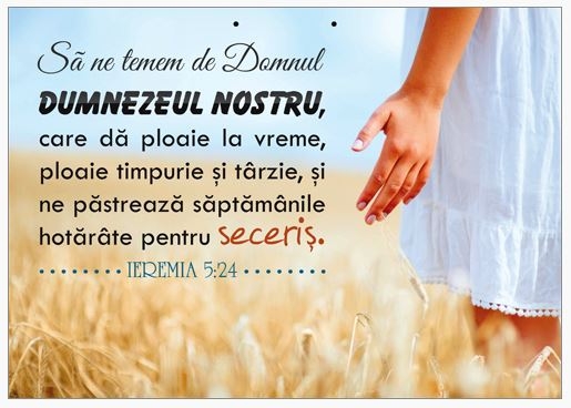 Poster cu verset A4 - Verset:  "Să ne temem de Domnul Dumnezeul nostru, care dă ploaie la vreme, ploaie timpurie şi târzie, şi ne păstrează săptămânile hotărâte pentru seceriş." Ieremia 5:24    [214]