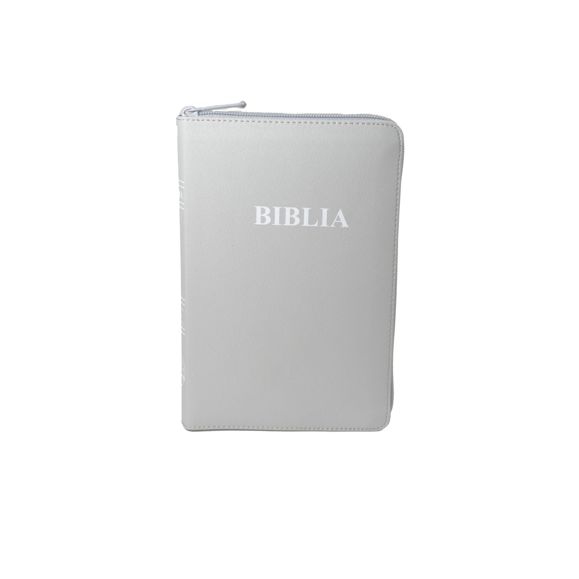 Biblia din piele, marime medie, gri, fermoar, index pe cotor, margini aurii, cuv. lui Isus in rosu [057 ZTI]