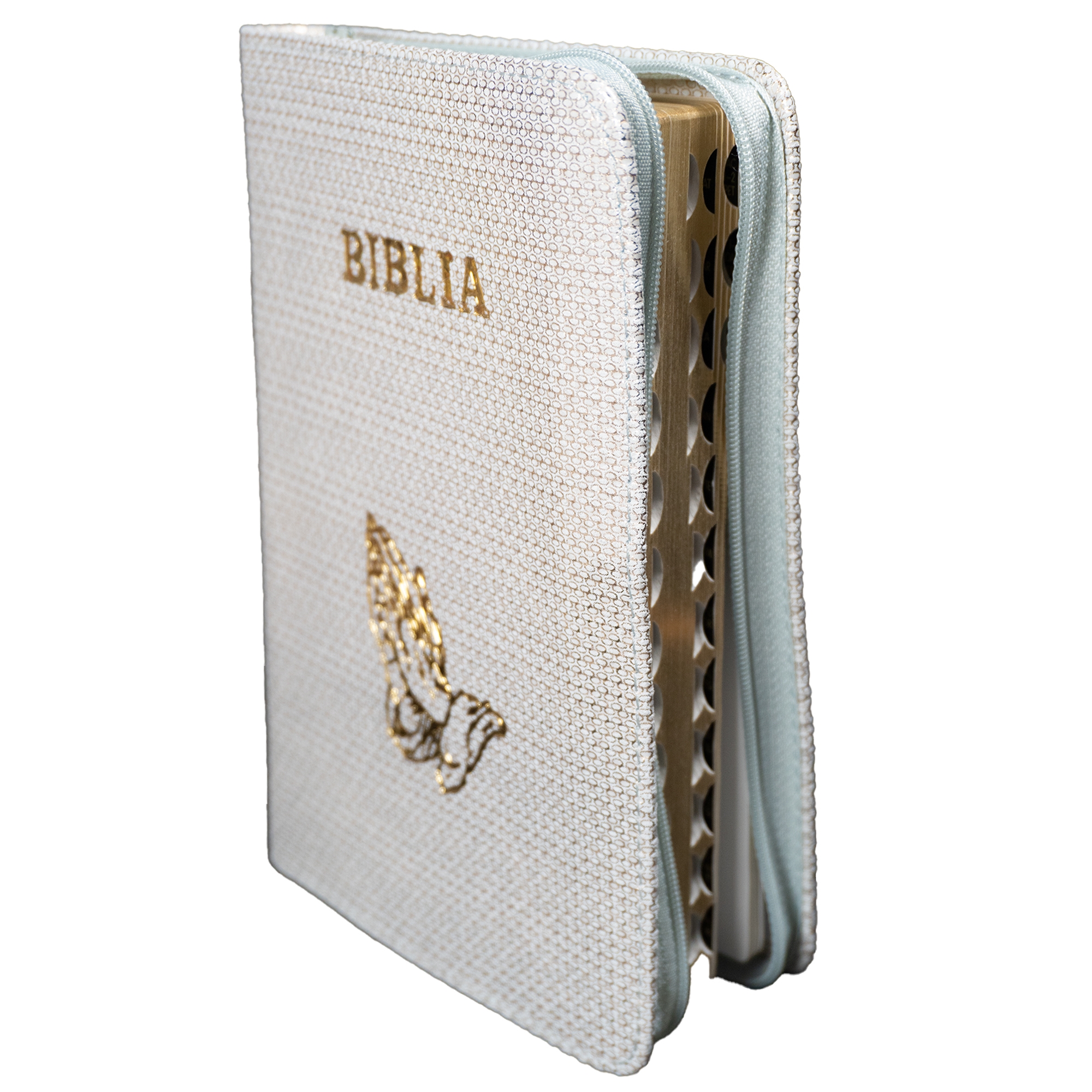Biblie din piele, marime medie, culoare argintiu sidefat cu auriu, simbol maini in rugaciune, fermoar, index, margini aurii, cuv. lui Isus cu rosu [SB 057 PFI]
