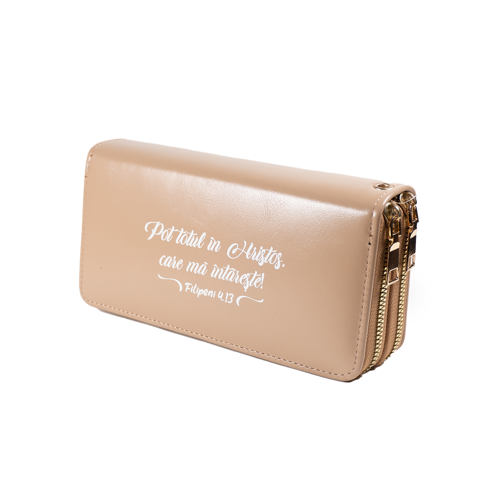 Portofel damă, 2 fermoare, bej, cu imprimeu "Pot totul în Hristos..." Portofel damă, 2 fermoare, bej, cu imprimeu "Pot totul în Hristos..."