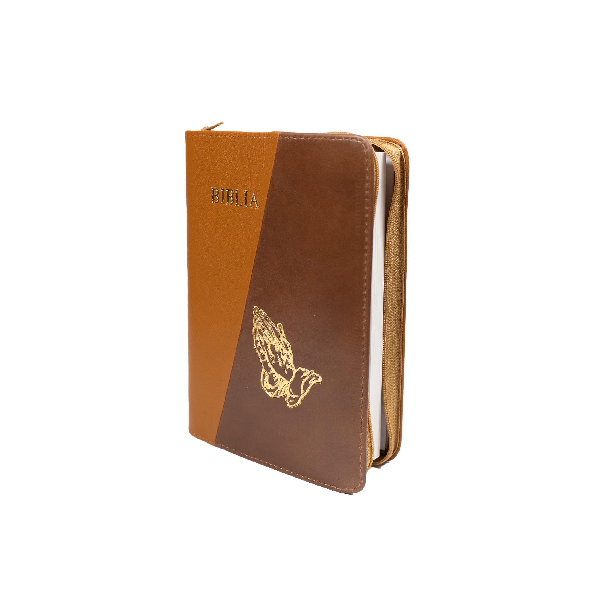 Biblie din piele, marime medie, culoare, maro deschis cu maro închis, fermoar, margini albe, simbol maini in rugaciune, cuv. lui Isus cu rosu [053]