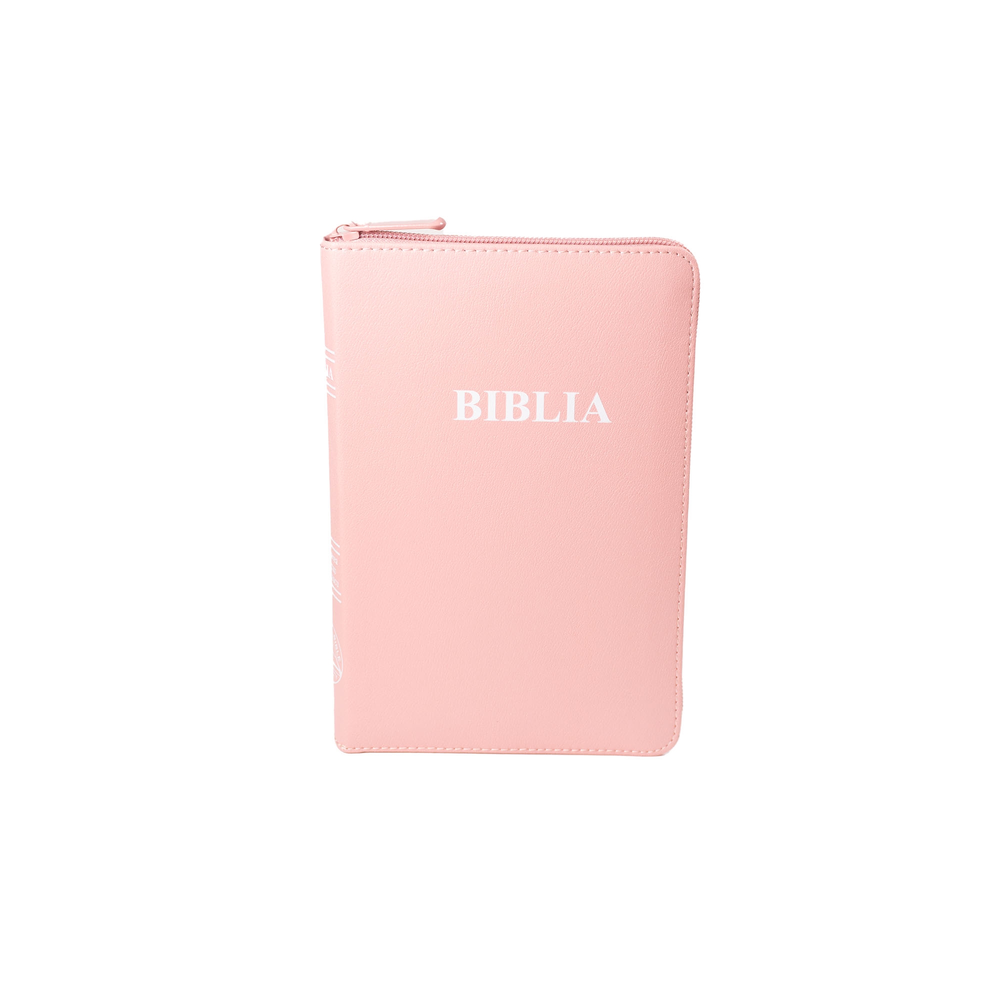 Biblia din piele, marime medie, roz, fermoar, index pe cotor, margini aurii, cuv. lui Isus in rosu [057 ZTI]