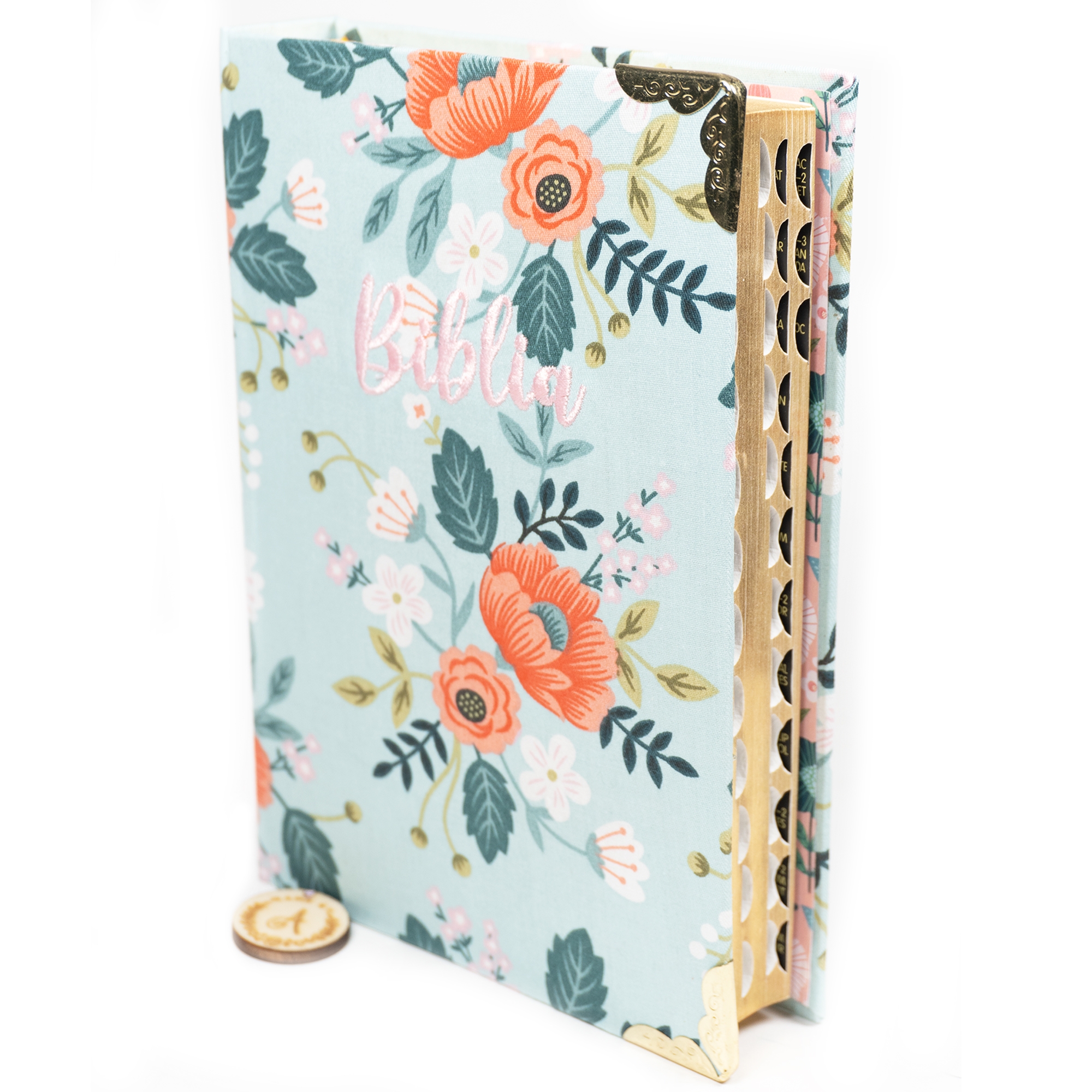 Biblia handmade, model 134, marime medie, coperta tare textila, margini aurii, index, cuv. lui Isus cu rosu [SI 057 HM]