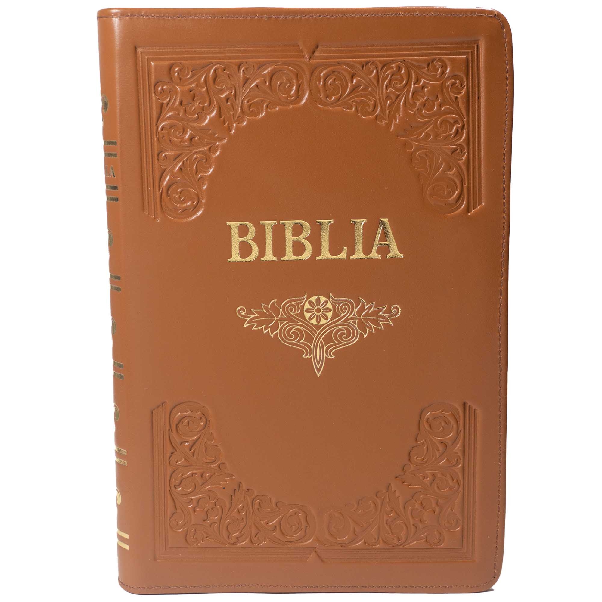 Biblie mare, piele, handmade, maro, index, margini aurii,  cuv. Isus cu rosu [SI 076 HM]