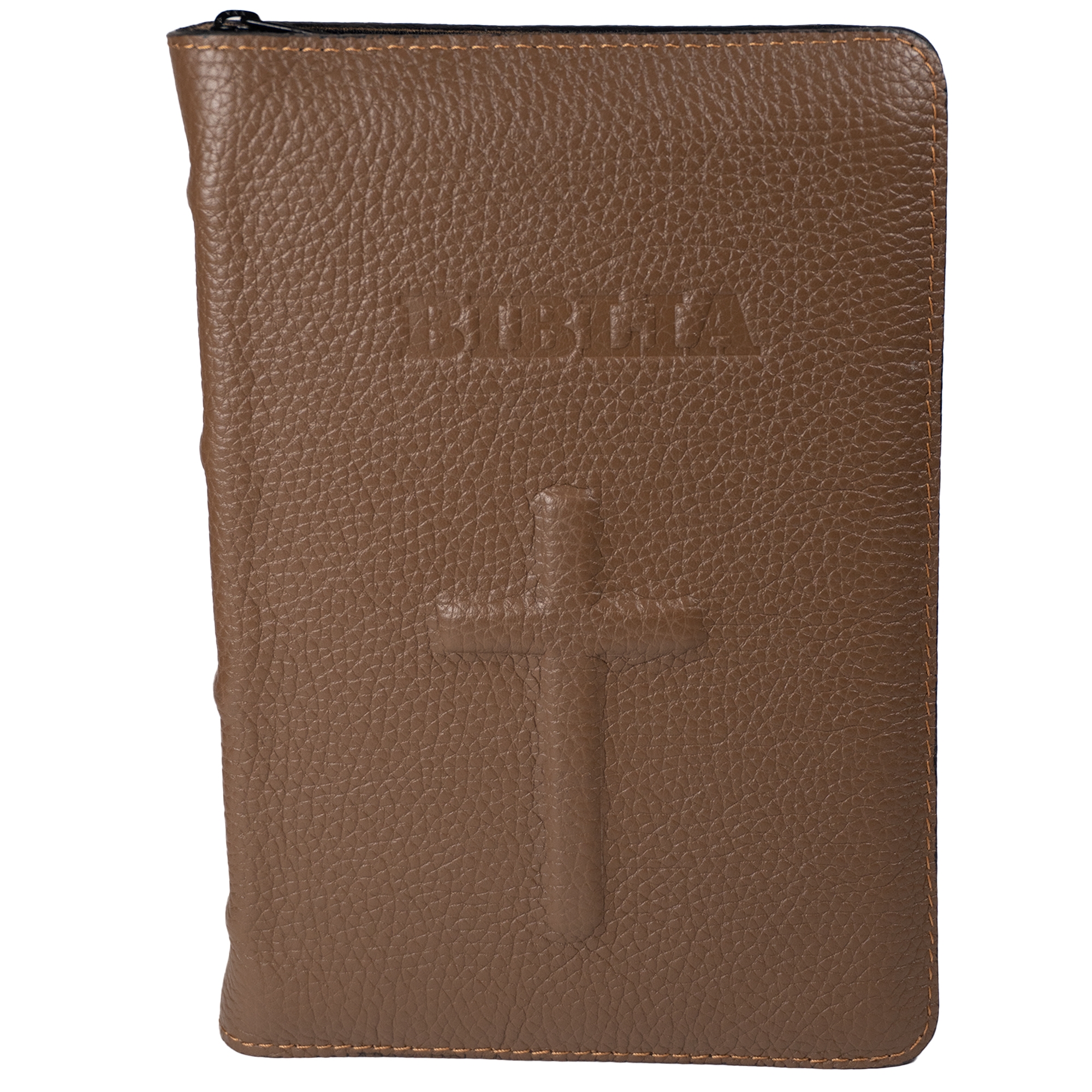 Biblie din piele handmade, marime medie, maro deschis, simbol cruce, fermoar, index, margini aurii, cuv. lui Isus cu rosu [057]