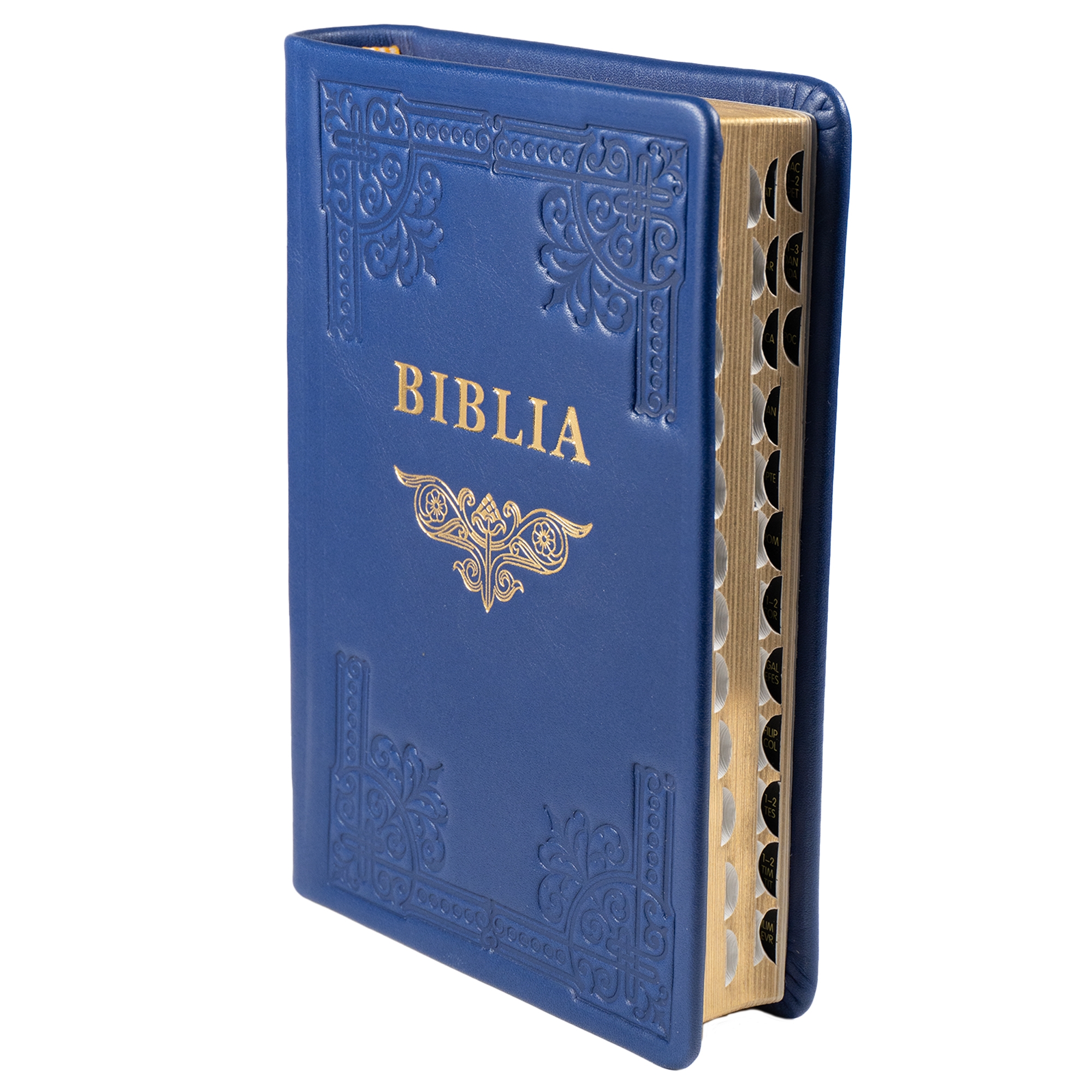 Biblia din piele, handmade, marime medie, culoare indigo, margini aurii cu index, cuv. lui Isus cu rosu [057 HM]