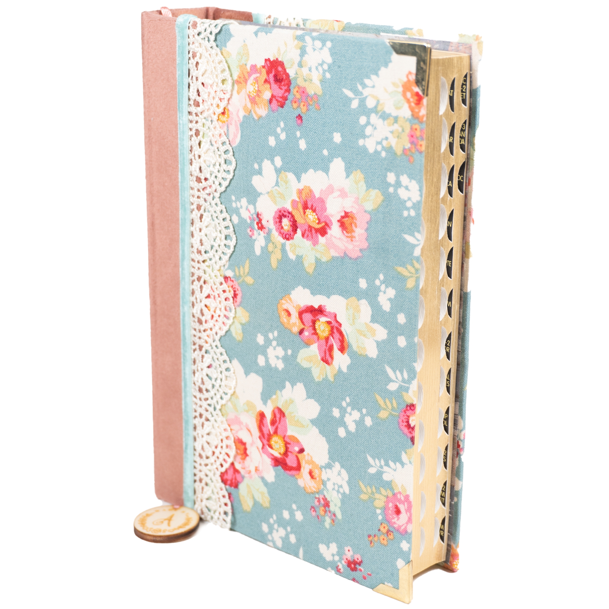 Biblia handmade, model 122, marime medie, coperta tare textila, margini aurii, index, cuv. lui Isus cu rosu [SI 057 HM]