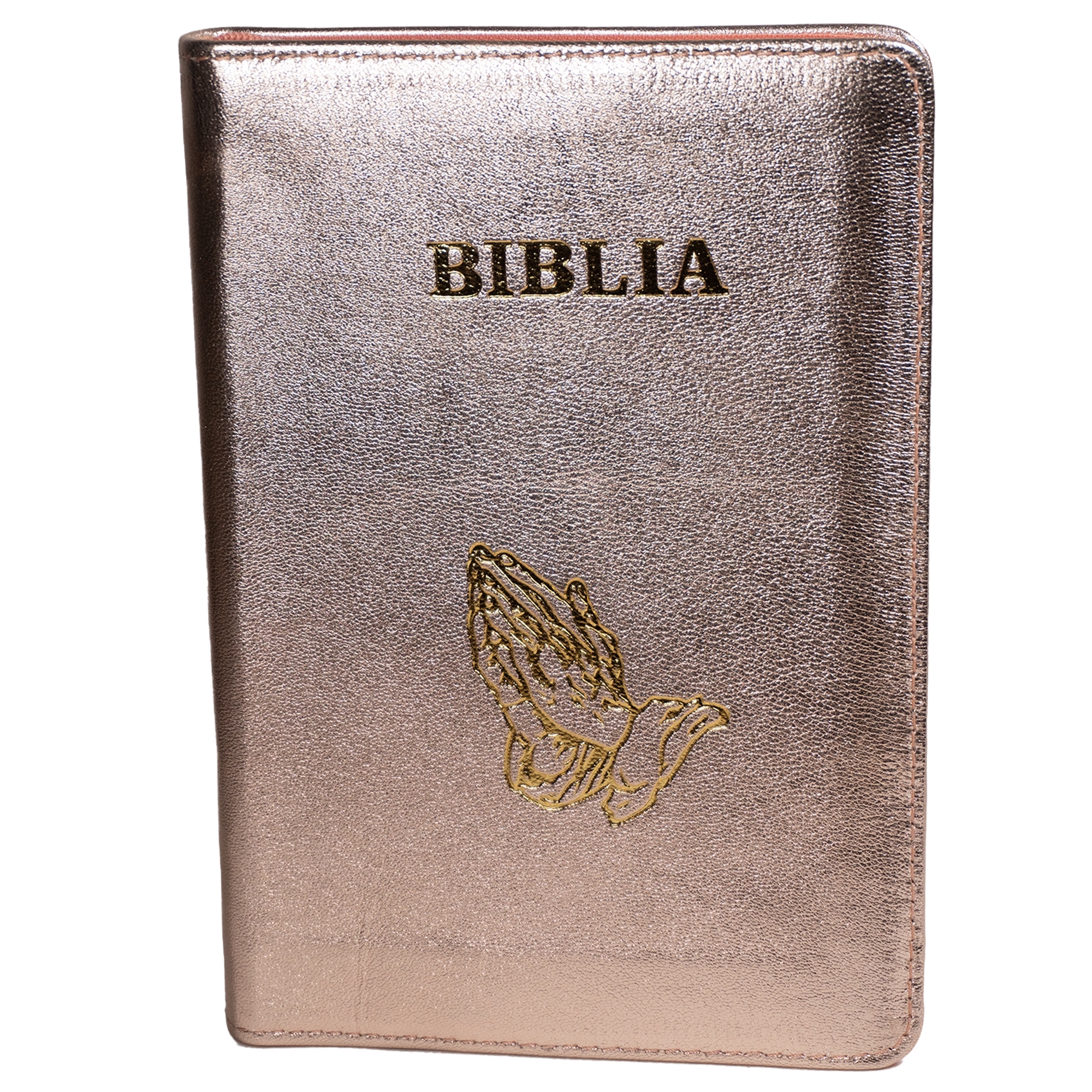 Biblie din piele, marime medie, roz sidefat, fermoar, index, margini aurii, simbol maini in rugaciune,  cuv. lui Isus cu rosu [SB 057 PFI]