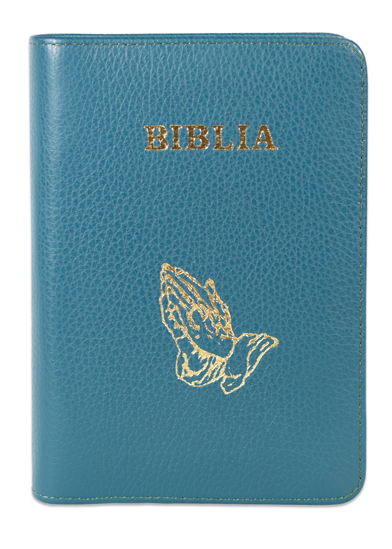 Biblia mica, piele, albastru petrol, index, fermoar, margini aurii,  simbolul maini, cuv. lui Isus in rosu [047 PFI]