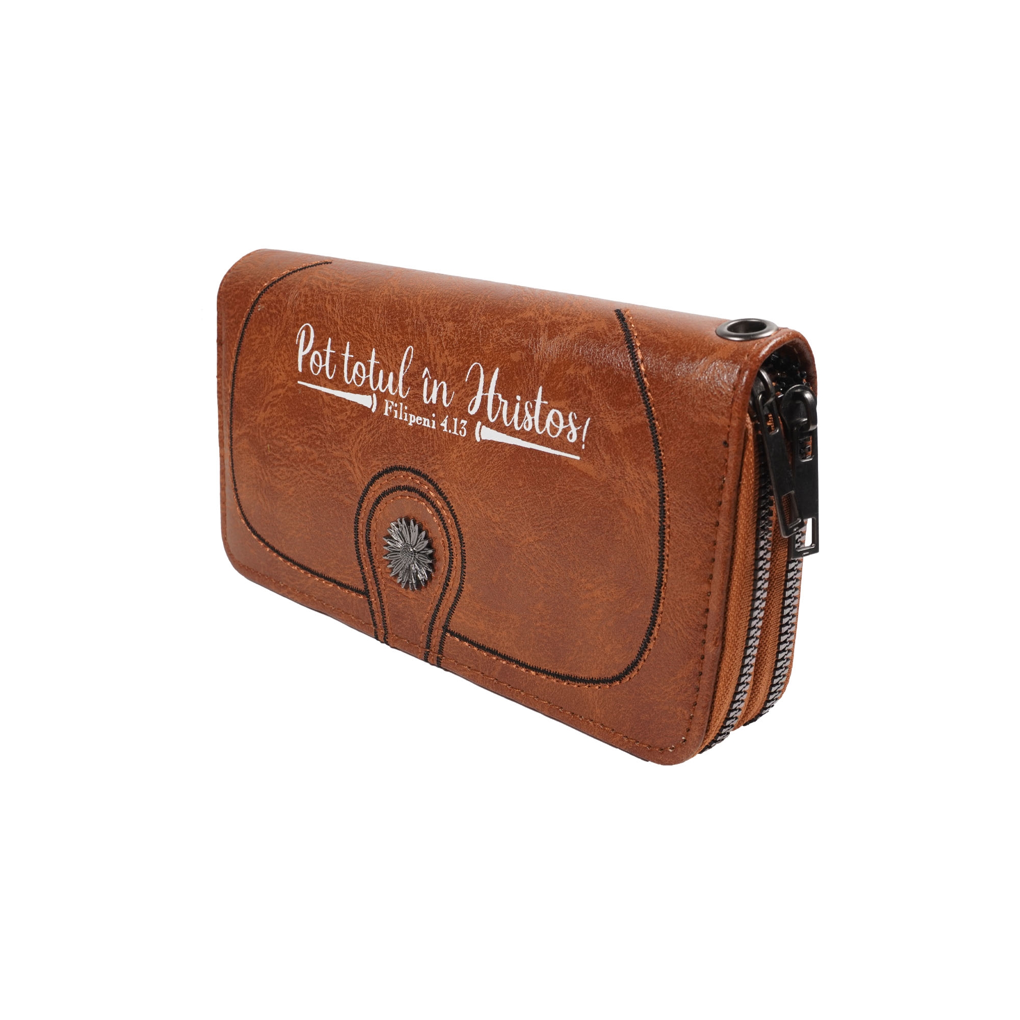 Portofel damă, 2 fermoare, cărămiziu, cu imprimeu "Pot totul în Hristos!" Portofel damă, 2 fermoare, cărămiziu, cu imprimeu "Pot totul în Hristos!"