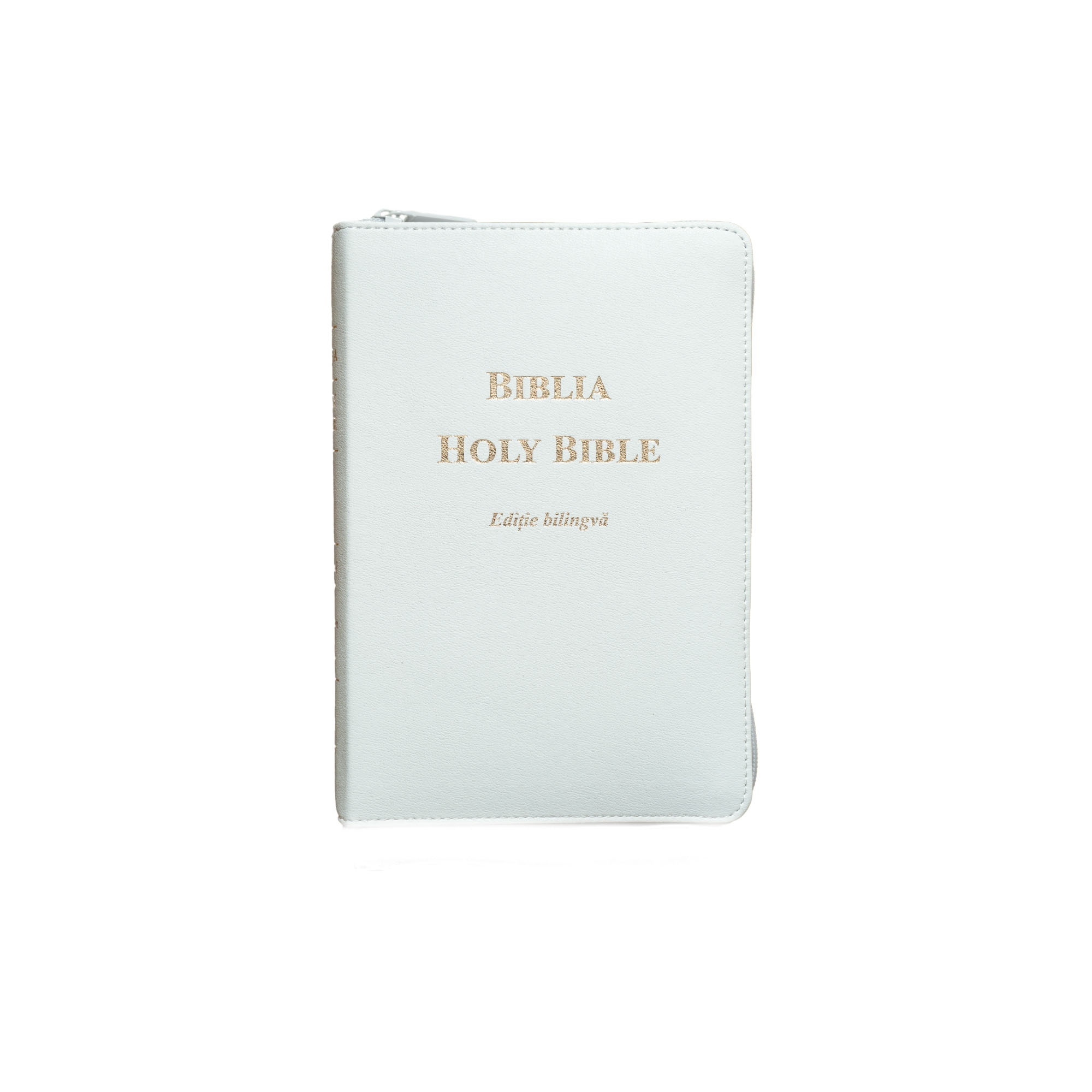 Biblia bilingva romana engleza, albă, mărime medie [cu fermoar]