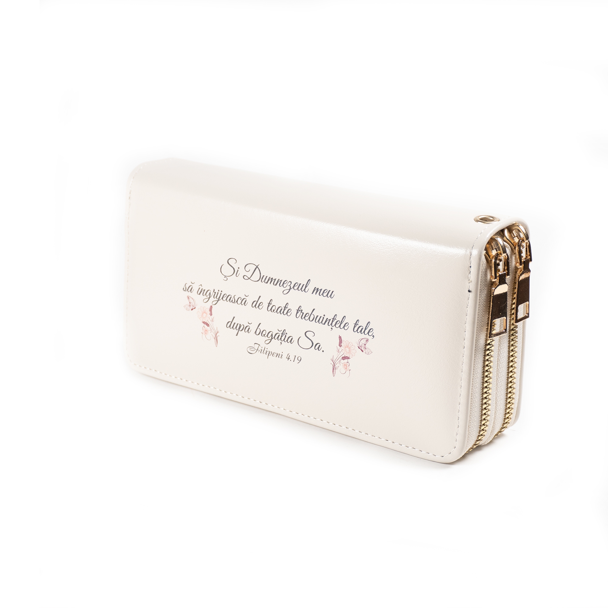 Portofel damă, 2 fermoare, crem, cu imprimeu "Si Dumnezeul meu sa îngrijească..." Portofel damă, 2 fermoare, crem, cu imprimeu "Si Dumnezeul meu sa îngrijească..."