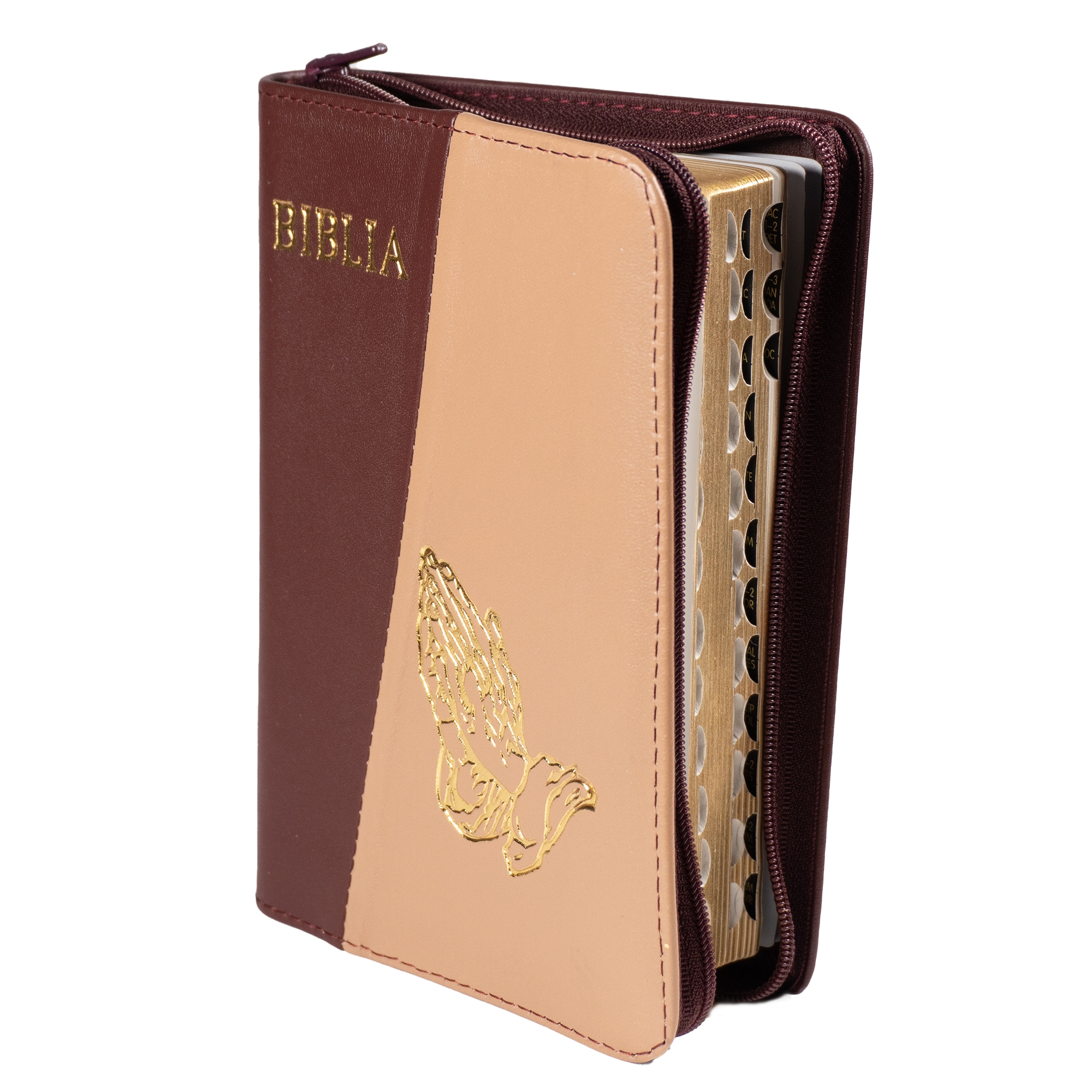 Biblia mica, coperta piele, culoare, bordo cu bej, index, fermoar, margini aurii,  simbolul maini, cuv. lui Isus in rosu [047 PFI]