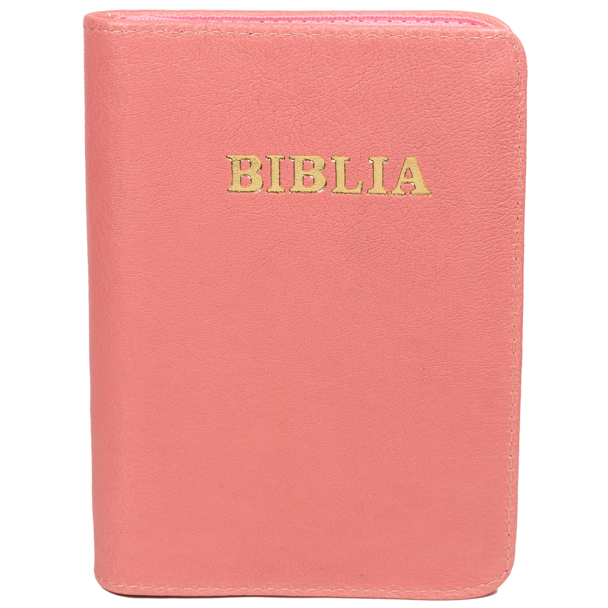Biblia mica, coperta piele, culoare, roz, index, fermoar, margini aurii, cuv. lui Isus in rosu [047 PFI]
