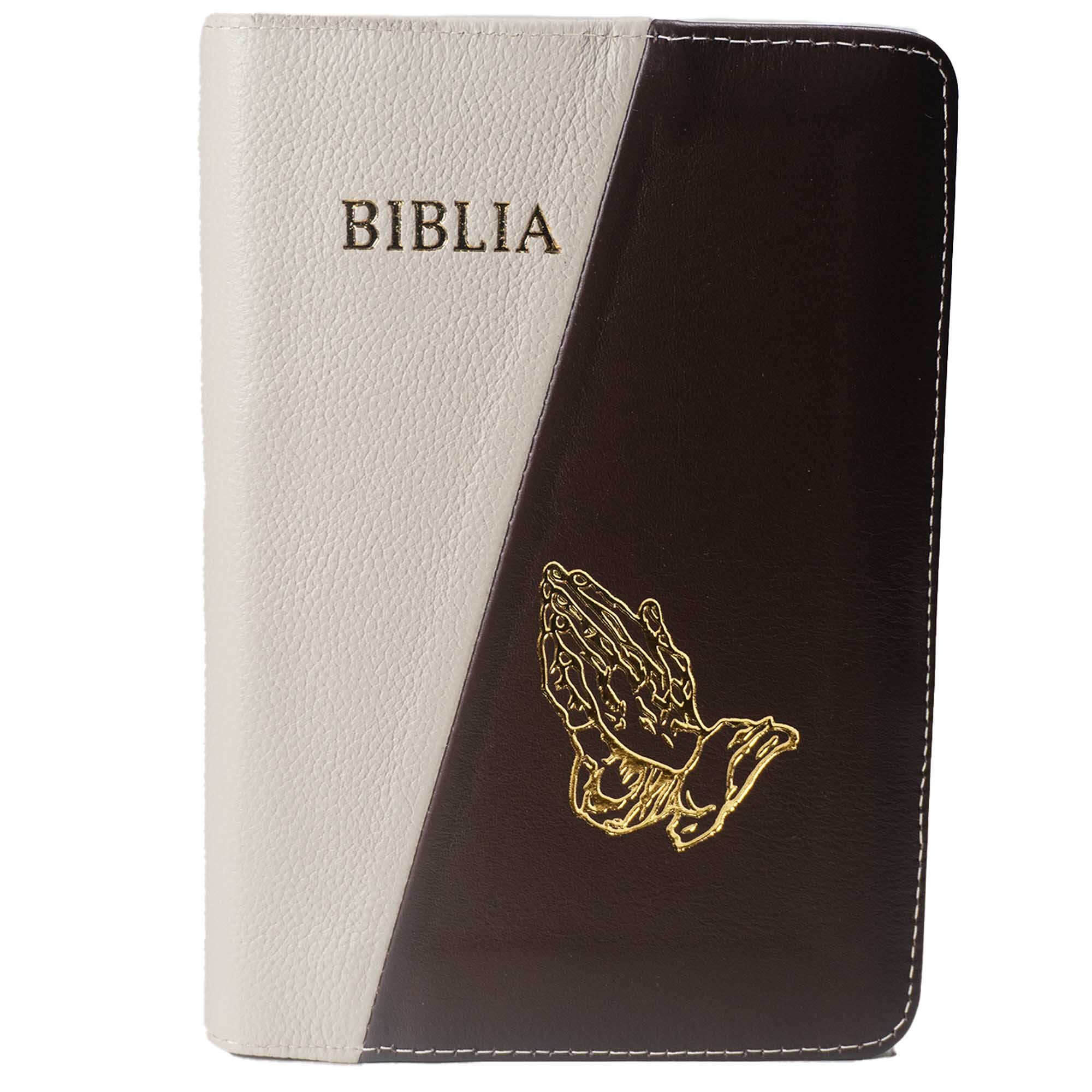 Biblie din piele, marime medie, culoare crem cu maro, simbol maini in rugaciune, fermoar, index, margini aurii, cuv. lui Isus cu rosu [SB 057 PFI]