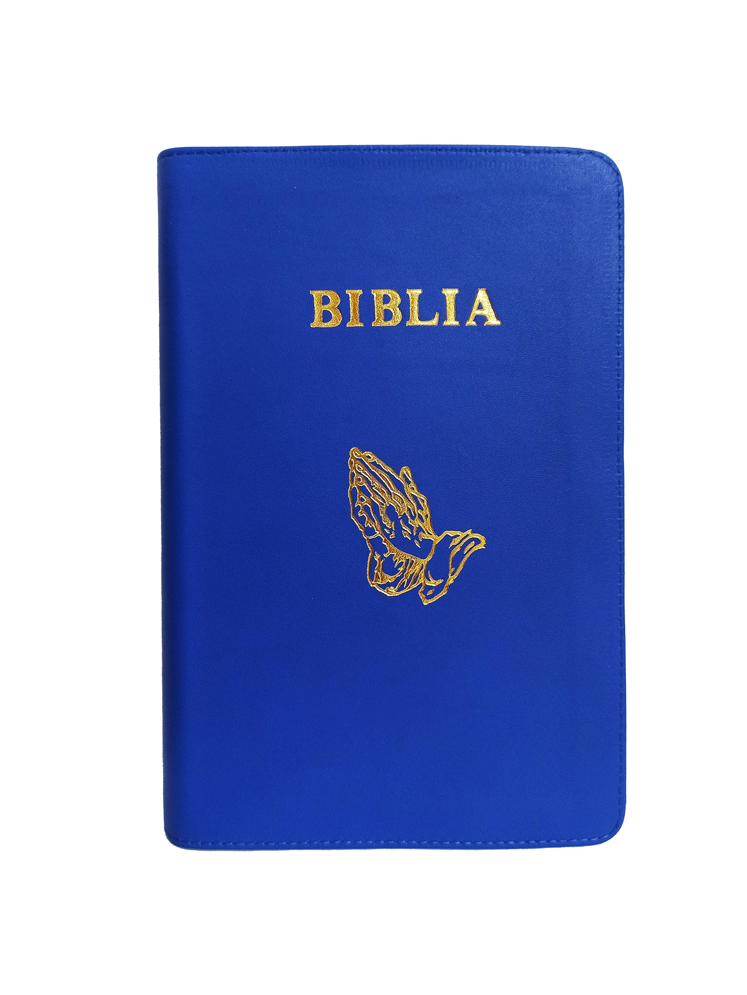 Biblia marime mare, din piele, culoare albastru, cuv. lui Isus cu rosu, margini albe, fermoar, simbol maini in rugaciune [073 PF]