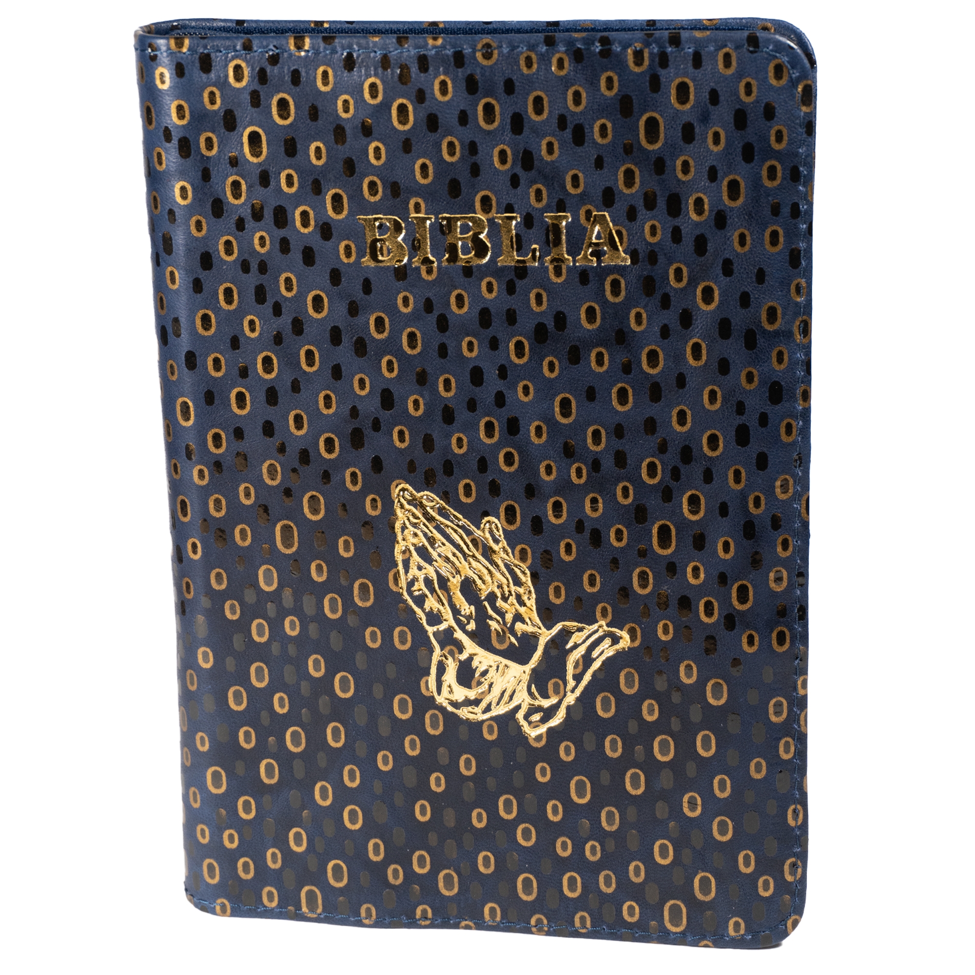 Biblie din piele, marime medie, culoare, bleumarin cu buline aurii și negre,  fermoar, margini albe, simbol maini in rugaciune, cuv. lui Isus cu rosu [053]