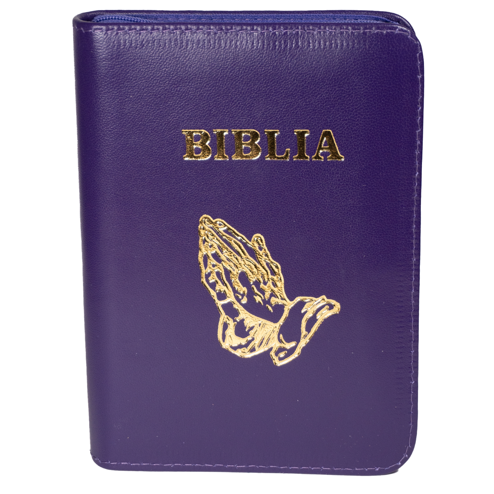 Biblia mica, coperta piele, culoare, mov închis, index, fermoar, margini roz,  simbolul maini, cuv. lui Isus in rosu [047 PFI]