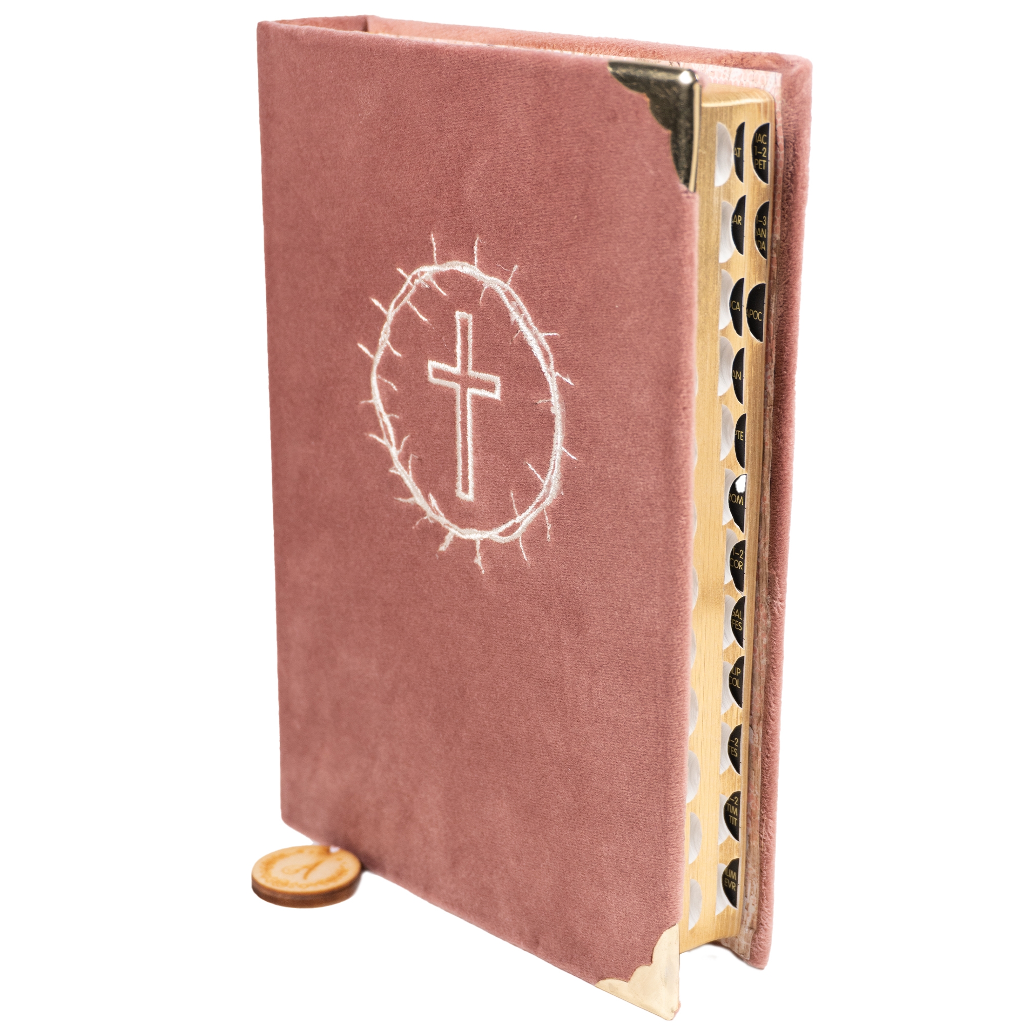 Biblia handmade, model 119, marime medie, coperta tare textila, margini aurii, index, cuv. lui Isus cu rosu [SI 057 HM]