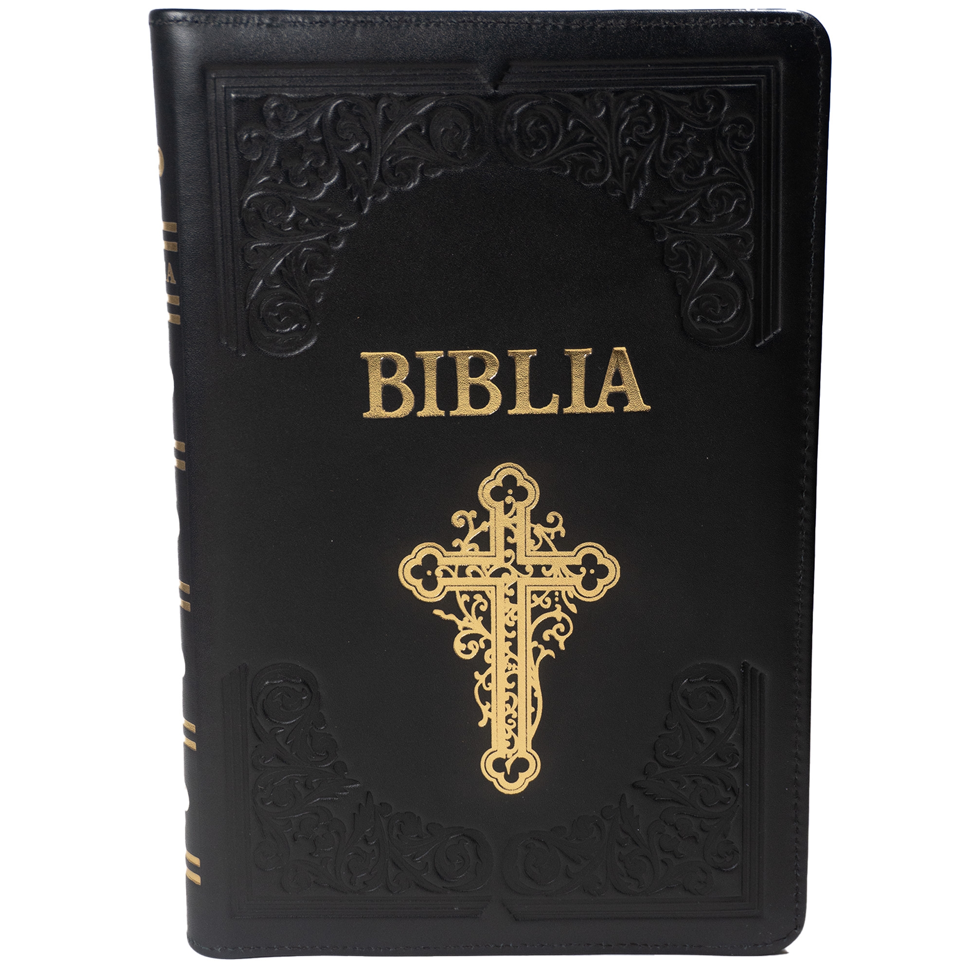 Biblie mare, piele, handmade, negru, index, margini aurii, simbol cruce, cuv. Isus cu rosu [SI 076 HM]