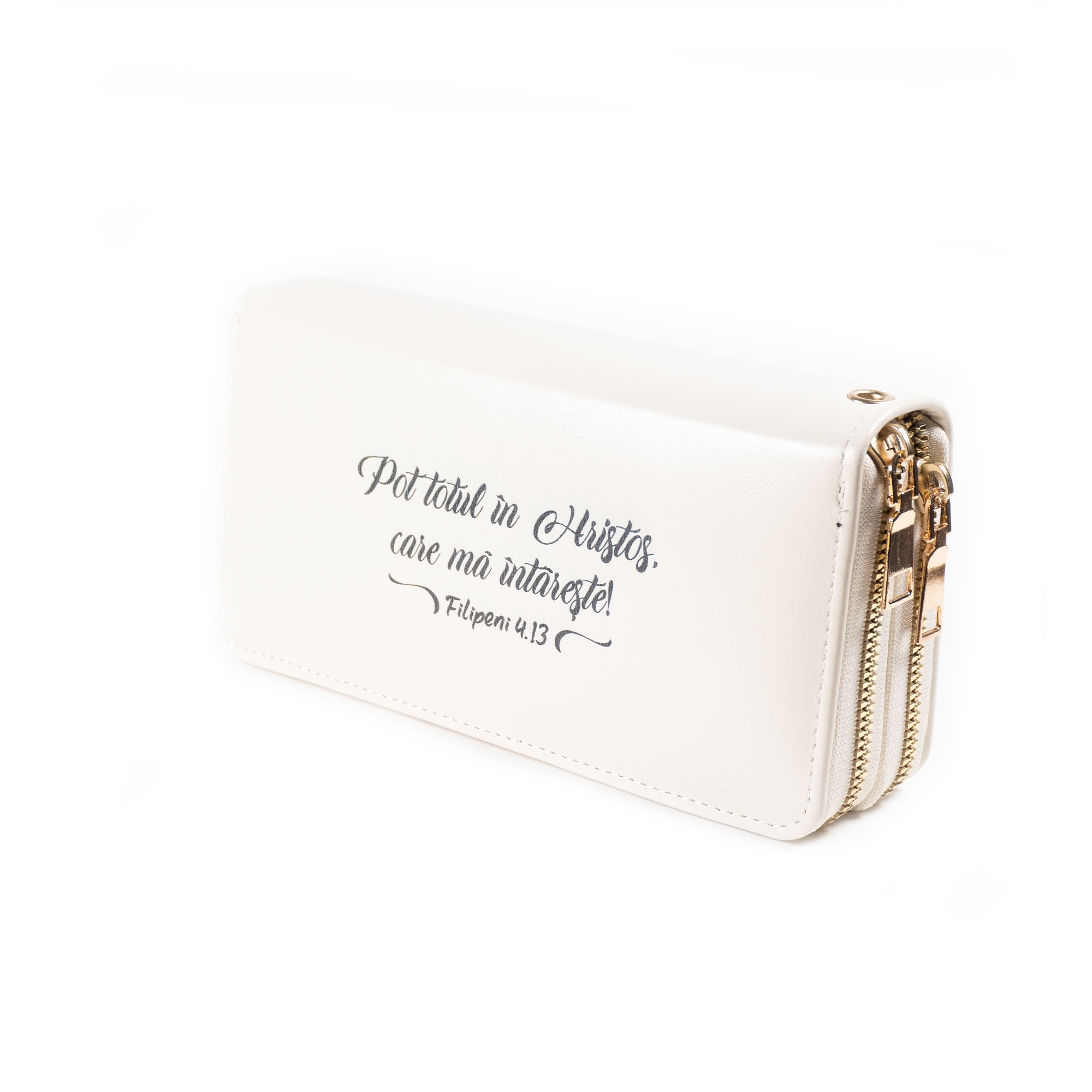 Portofel damă, 2 fermoare, crem, cu imprimeu "Pot totul în Hristos..."