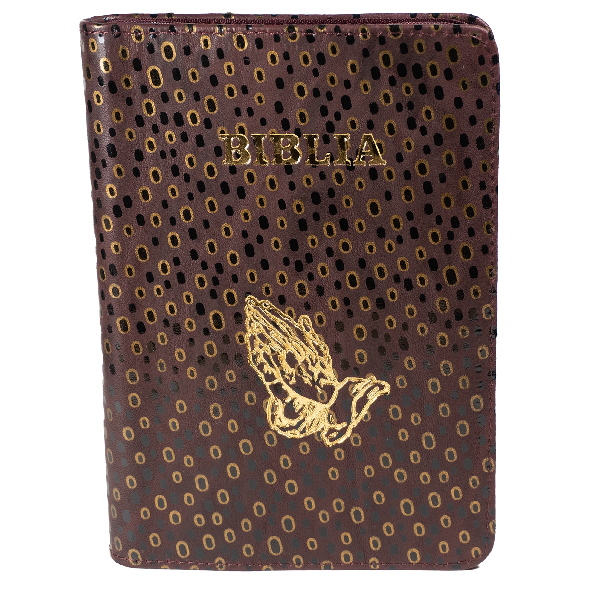 Biblie din piele, marime medie, maro cu buline aurii și negre, fermoar, index, margini aurii, simbol maini in rugaciune,  cuv. lui Isus cu rosu [SB 057 PFI]