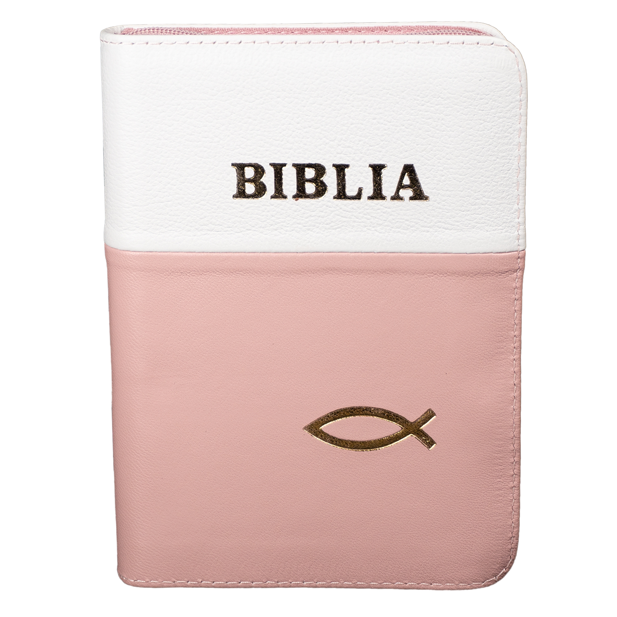 Biblie marime mica, piele, culoare alb cu roz, index, fermoar, margini aurii, cuv. lui Isus in rosu,simbol peste [047 PFI]