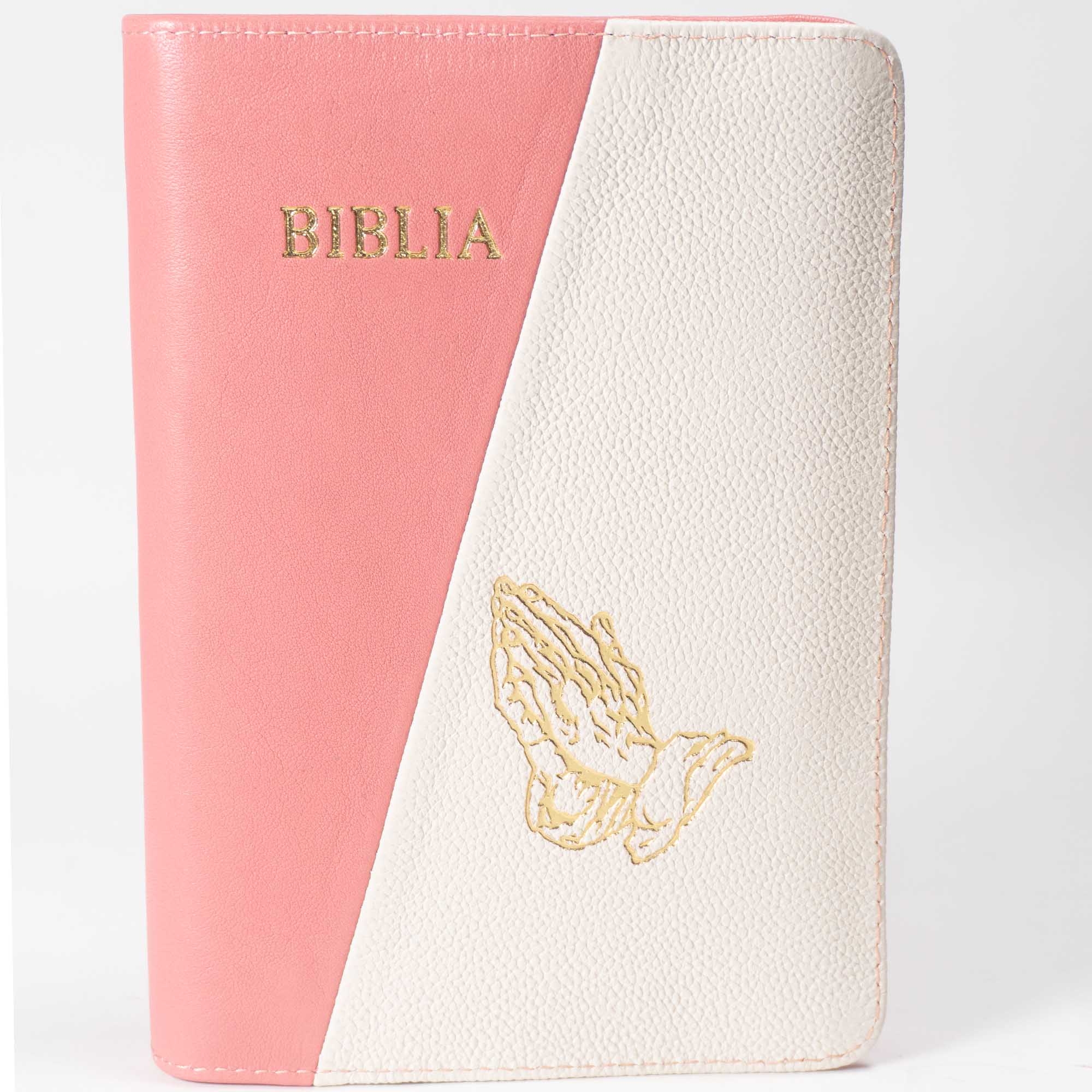 Biblie din piele, marime medie, culoare roz cu alb, simbol maini in rugaciune, fermoar, index, margini aurii, cuv. lui Isus cu rosu [SB 057 PFI]