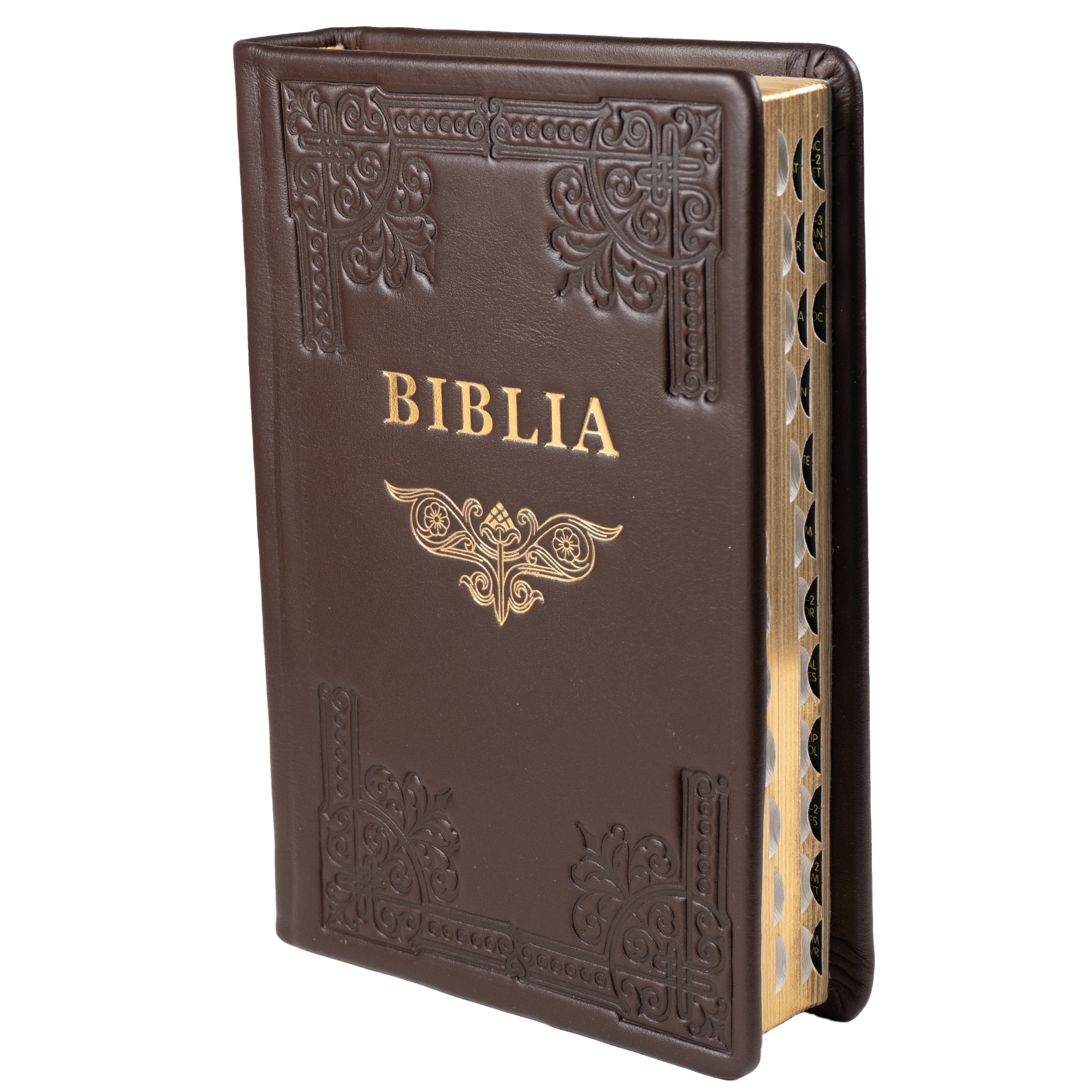Biblia din piele, handmade, marime medie, culoare maro inchis, margini aurii cu index, cuv. lui Isus cu rosu [057 HM]