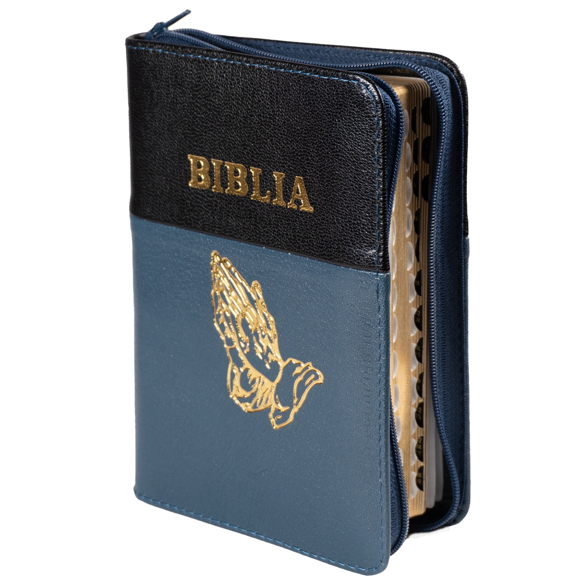 Biblia mica, coperta piele, culoare, negru cu albastru turcoaz, index, fermoar, margini aurii,  simbolul maini, cuv. lui Isus in rosu [047 PFI]