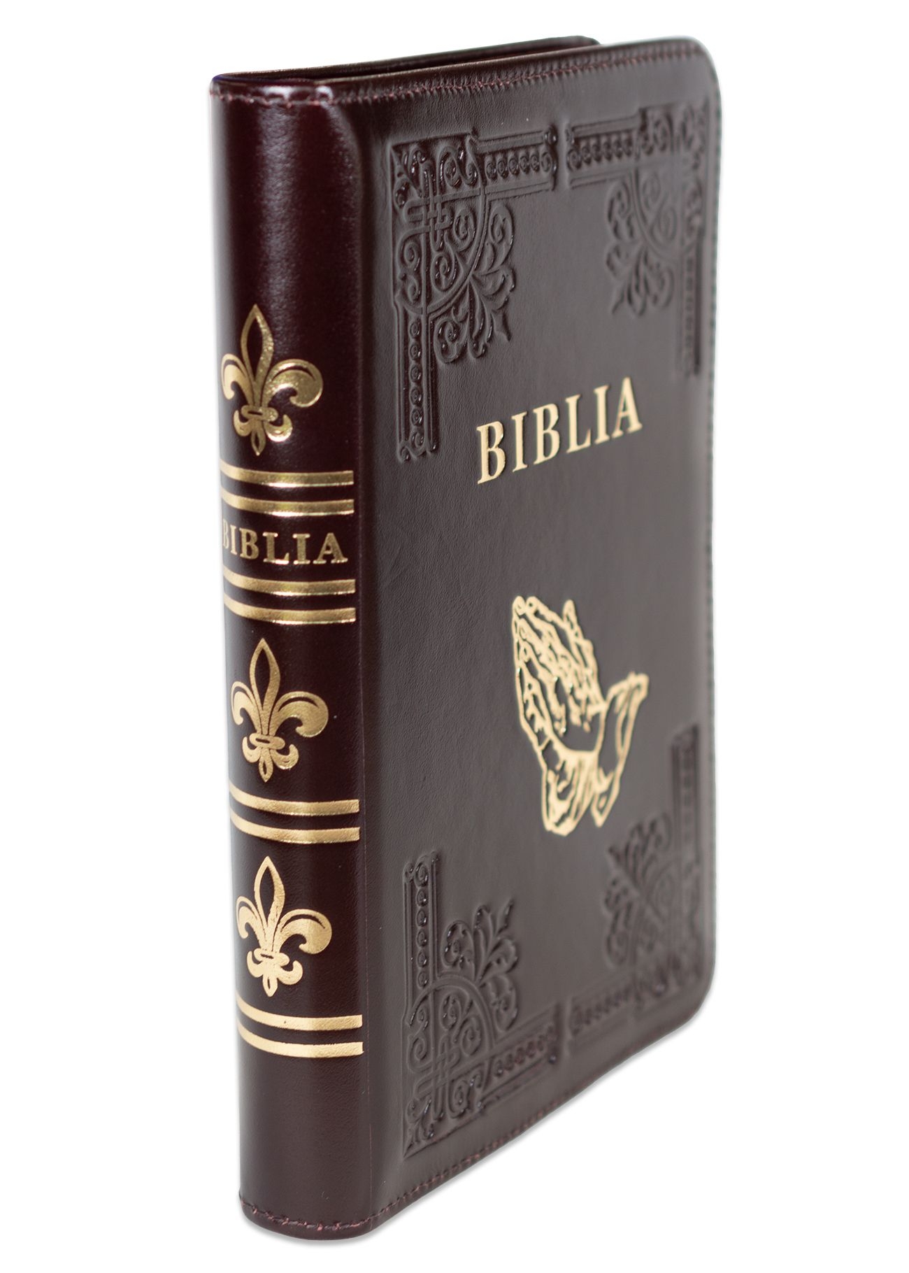 Biblia din piele, handmade, marime medie, culoare visiniu foarte inchis,fermoar,simbol maini in rugaciune, margini aurii cu index, cuv. lui Isus cu rosu [057 HM]