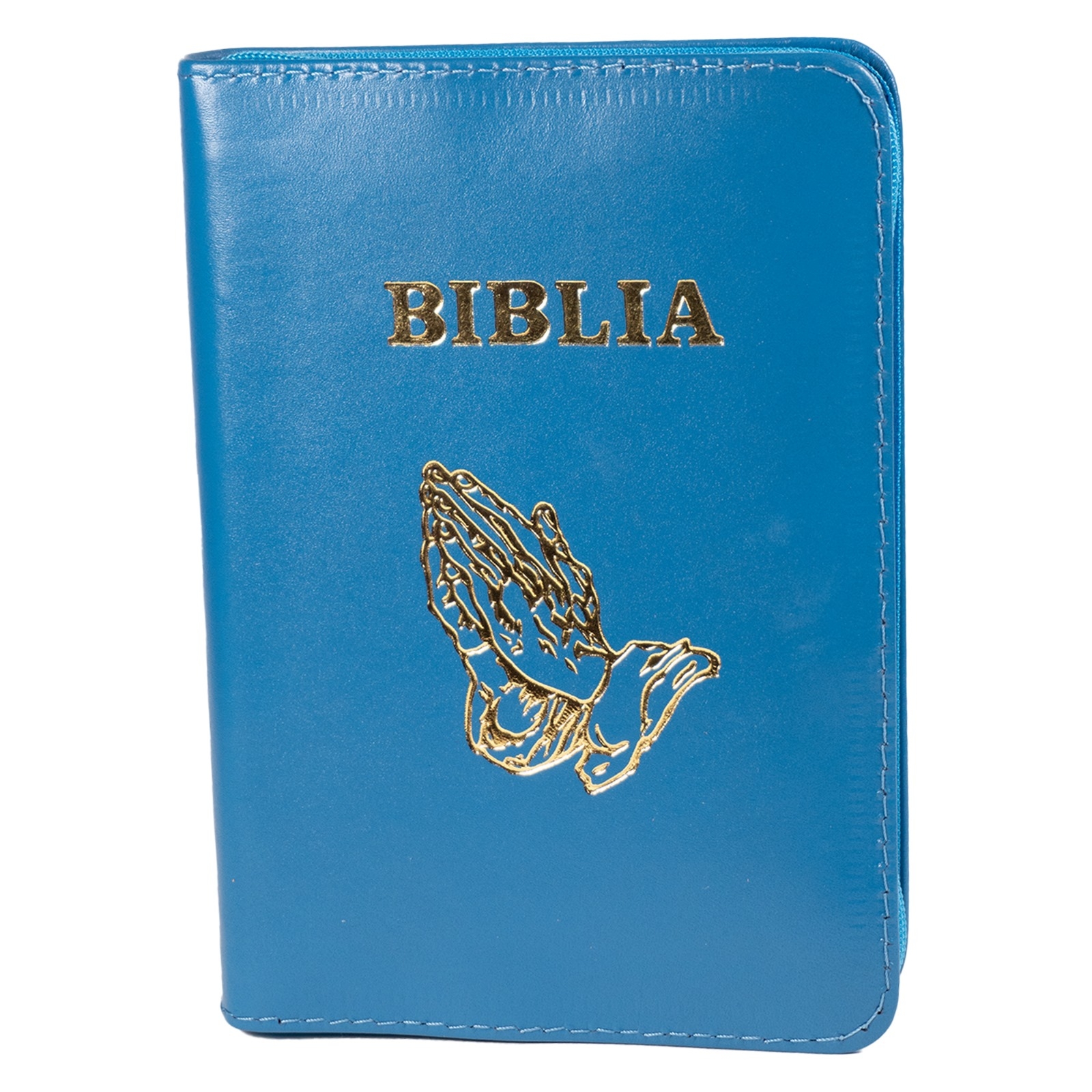 Biblia format mic, din piele, culoare, albastru,  index, simbol maini,  fermoar, margini argintii, cuv. lui Isus in rosu [047 PFI]