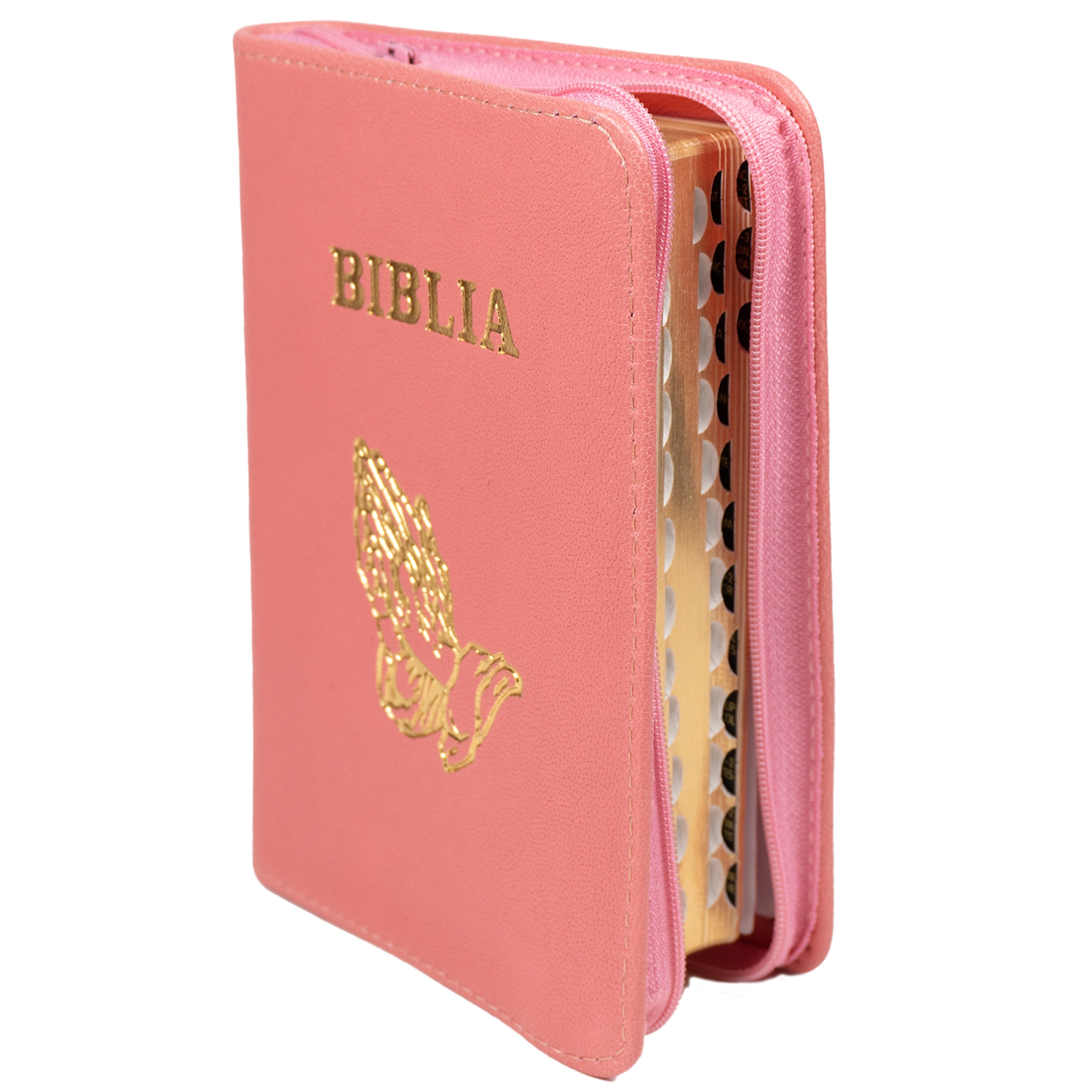 Biblia mica, coperta piele, culoare, roz, index, fermoar, margini aurii,  simbolul maini, cuv. lui Isus in rosu [047 PFI]