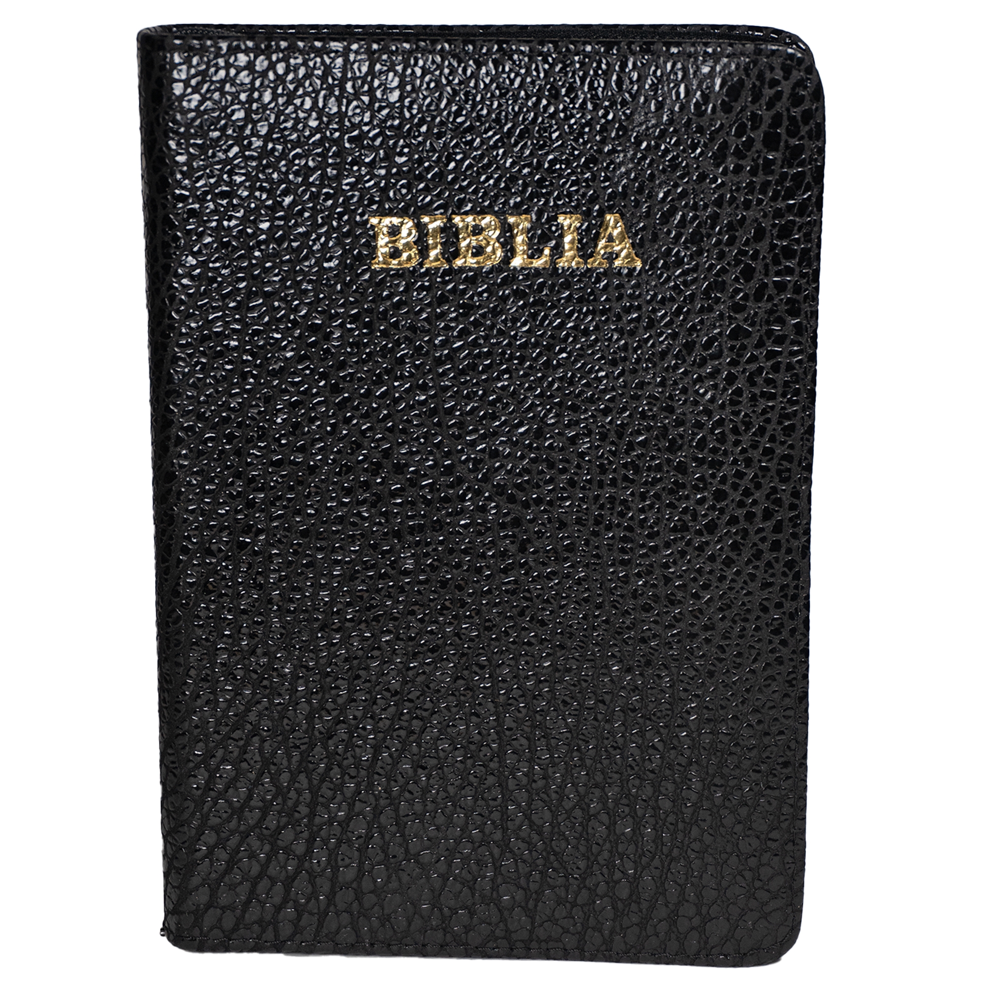 Biblie din piele, marime medie, negru texturat, fermoar, index, margini aurii, cuv. lui Isus cu rosu [SB 057 PFI]