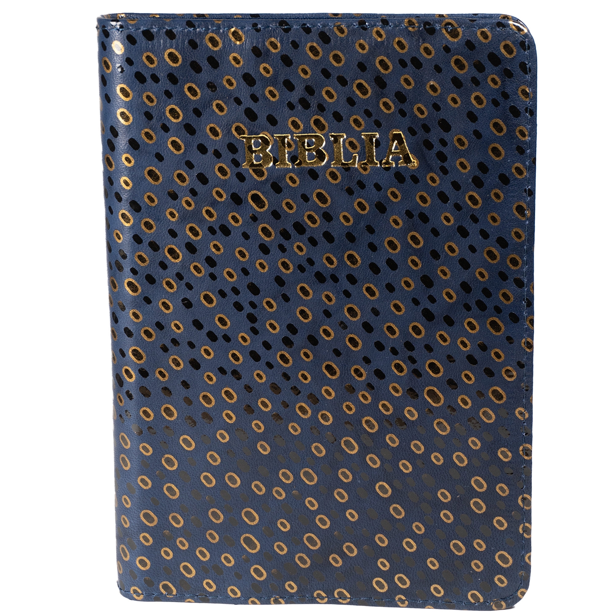 Biblie din piele, marime medie, bleumarin cu buline aurii și negre, fermoar, index, margini aurii, cuv. lui Isus cu rosu [SB 057 PFI]