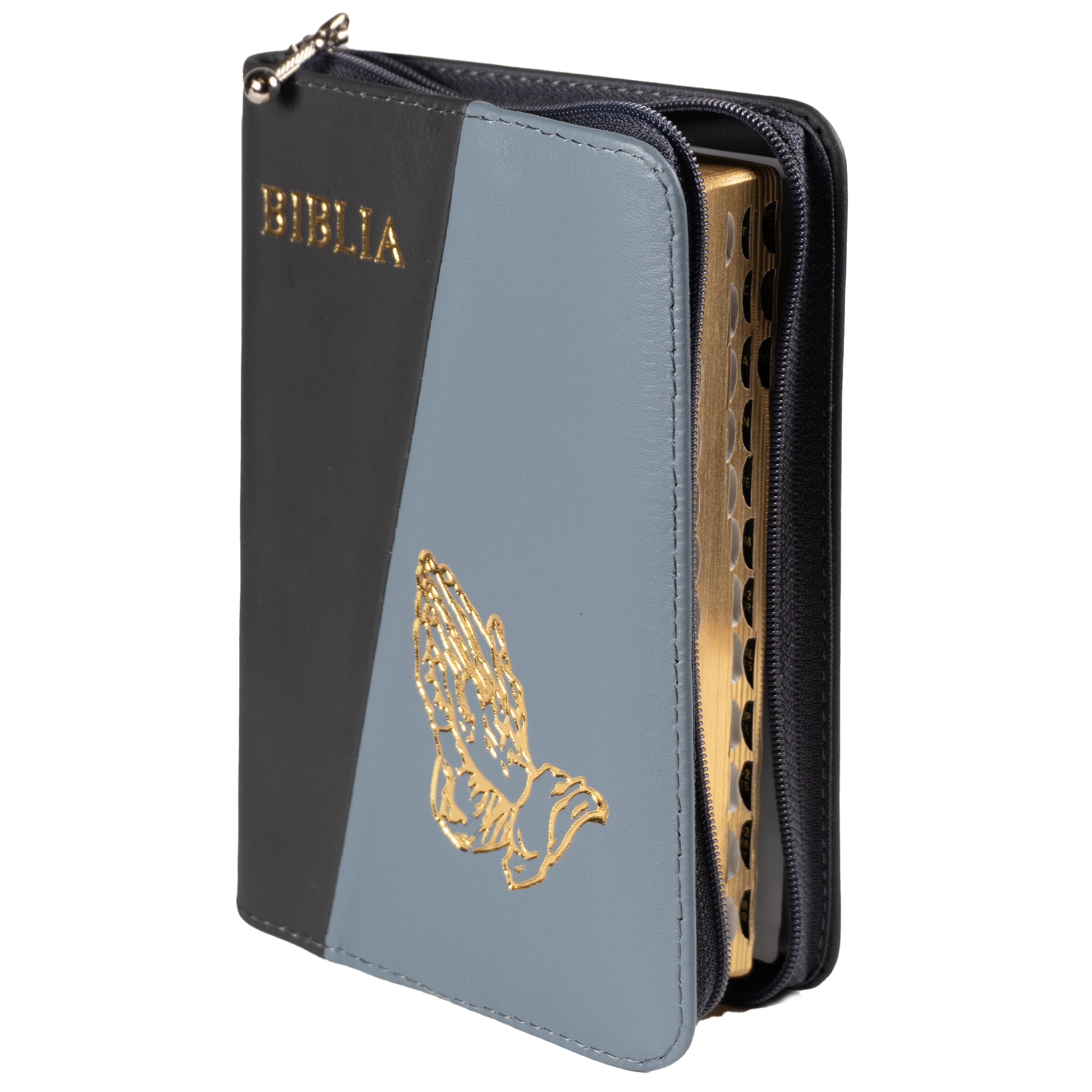 Biblia mica, coperta piele, culoare, gri închis cu gri deschis, index, fermoar, margini aurii,  simbolul maini, cuv. lui Isus in rosu [047 PFI]