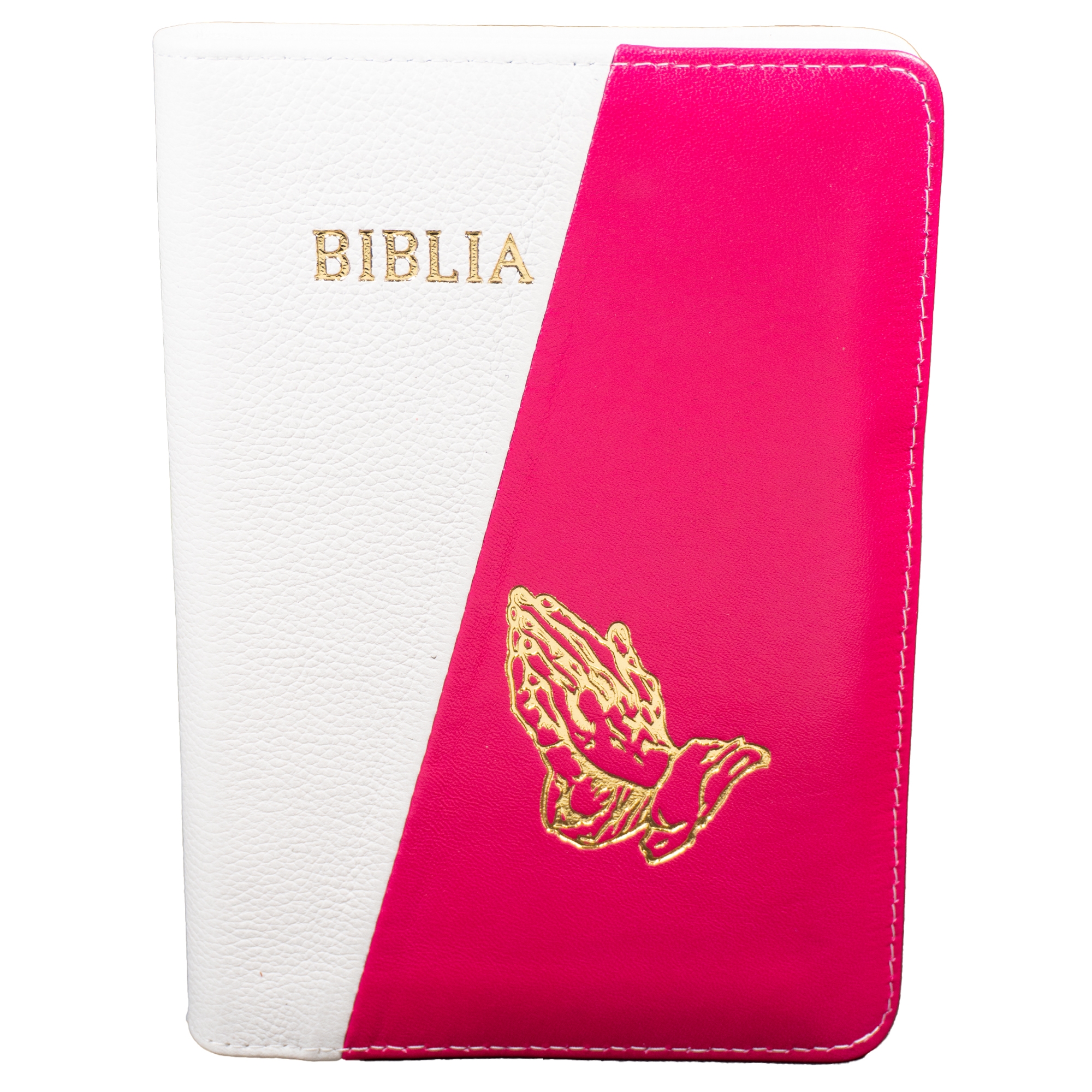Biblie din piele, marime medie, culoare, alb cu roz, simbol maini in rugaciune, fermoar, index, margini aurii, cuv. lui Isus cu rosu [SB 057 PFI]