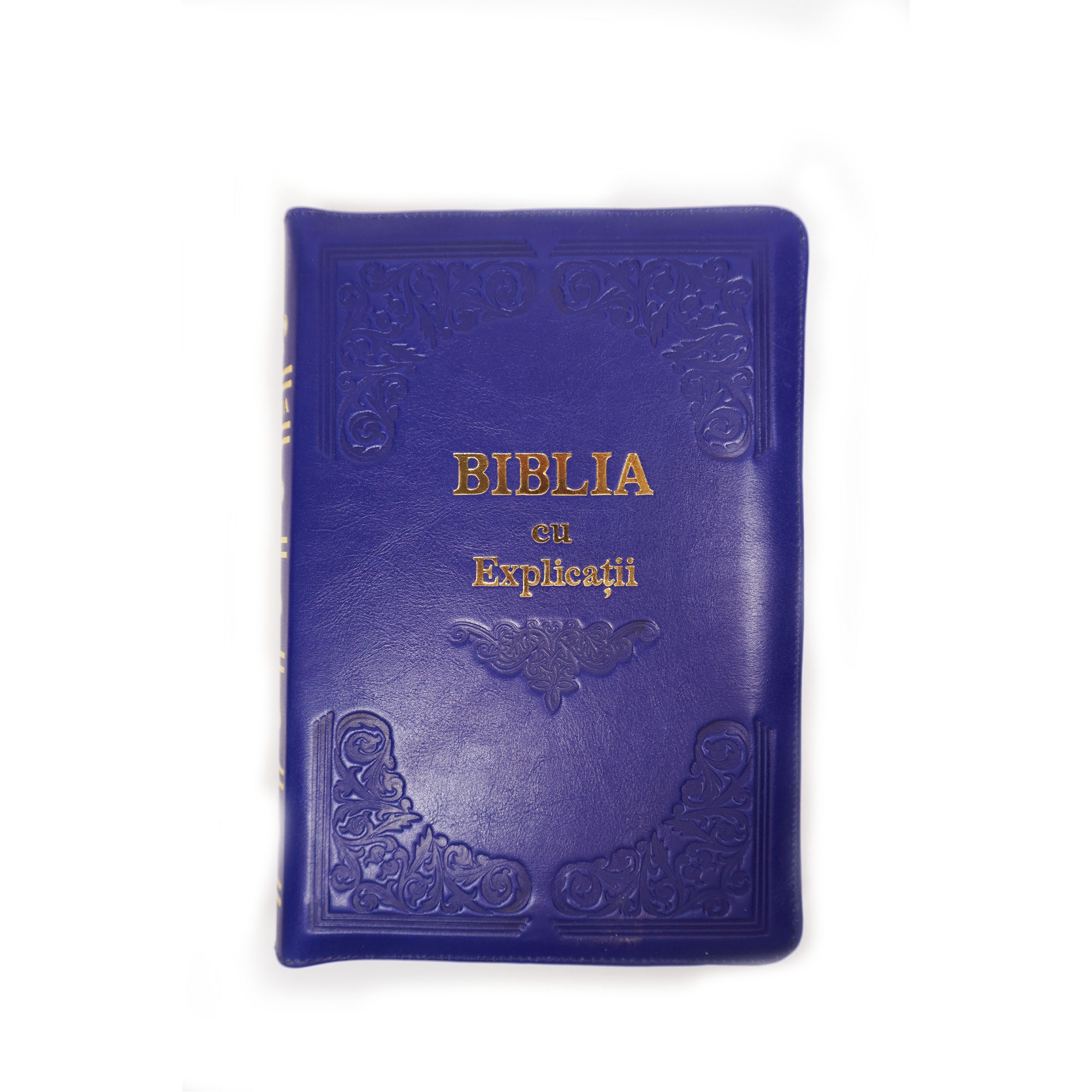 Biblia cu concordanta si explicatii, coperta piele HANDMADE, mare, culoare albastru închis, fermoar, index, margini aurii, cuv. lui Isus cu rosu [CO 77 HMI]